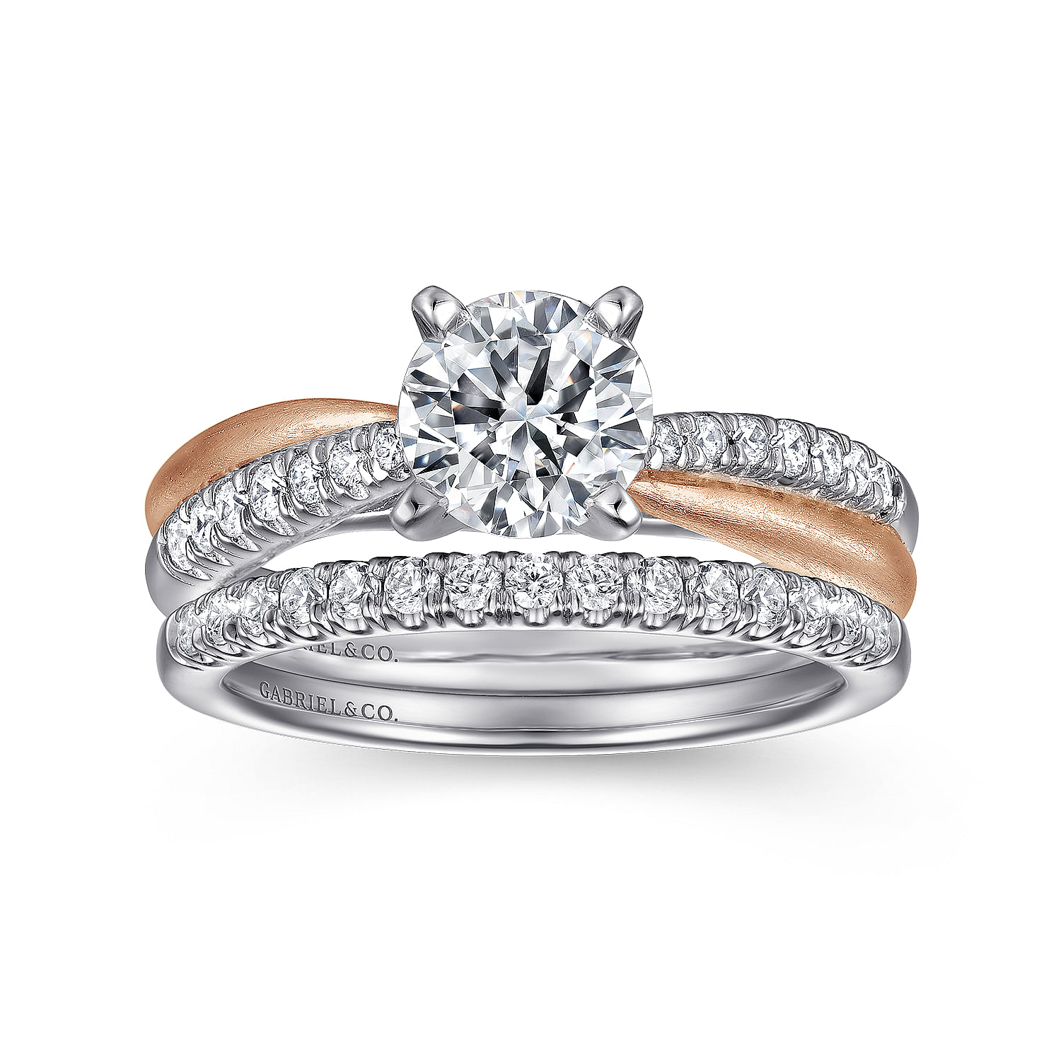 14K White-Rose Gold Round Diamond Criss Cross Engagement Ring