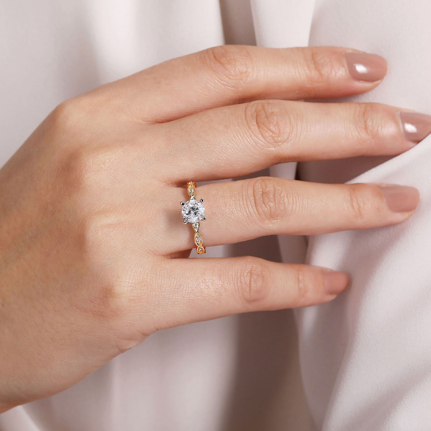 14K White-Rose Gold Round Diamond Engagement Ring 