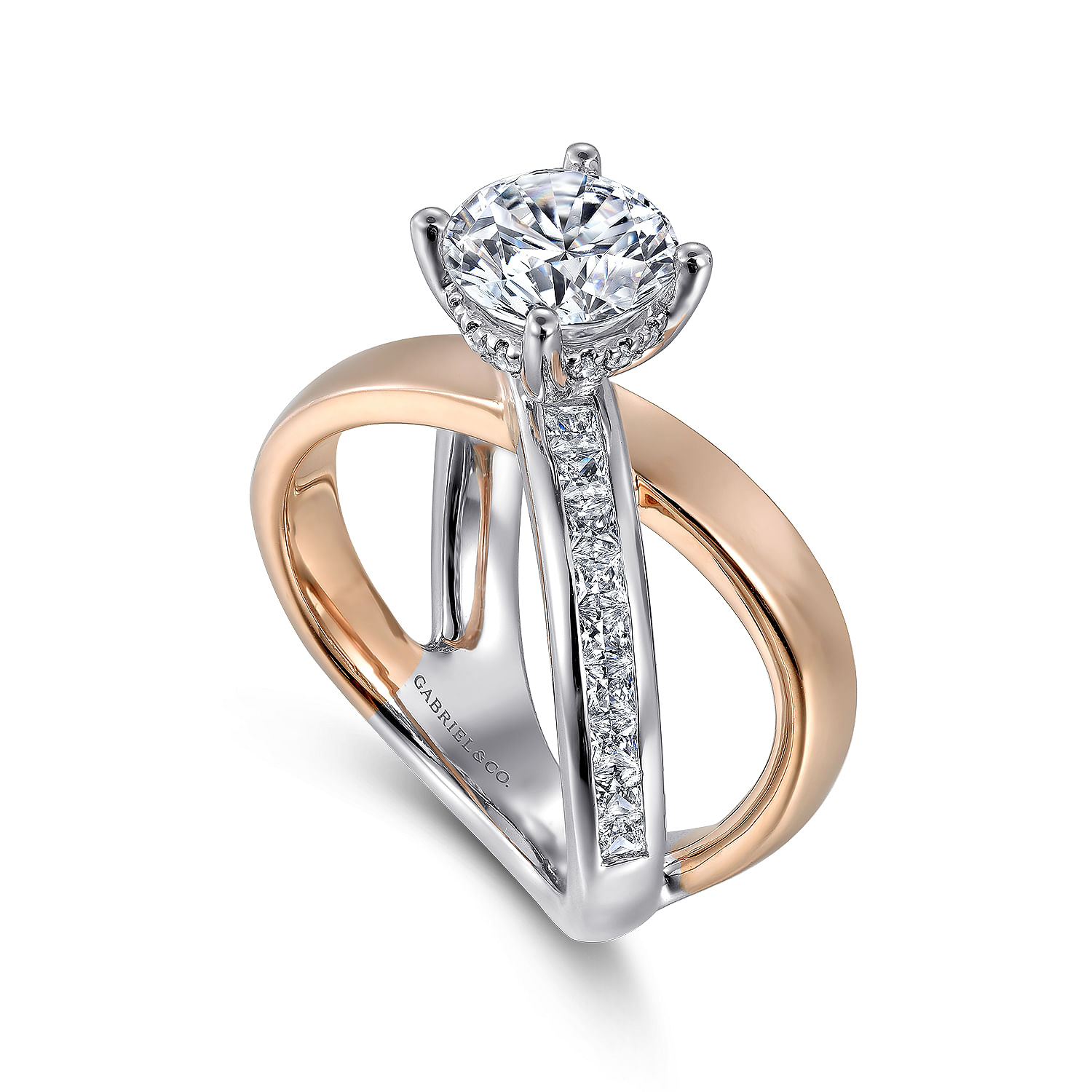 14K White-Rose Gold Round Split Shank Hidden Halo Diamond Engagement Ring