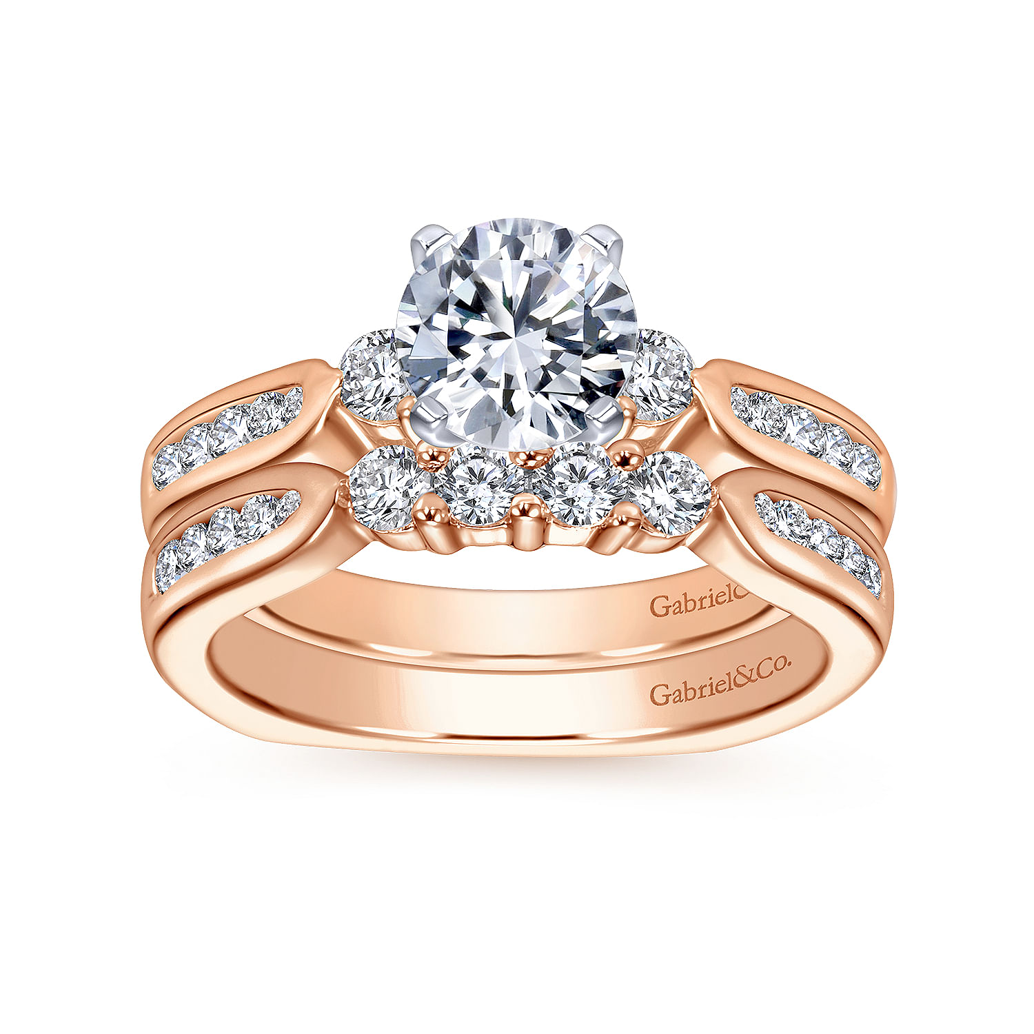 14K White-Rose Gold Round Three Stone Diamond Engagement Ring