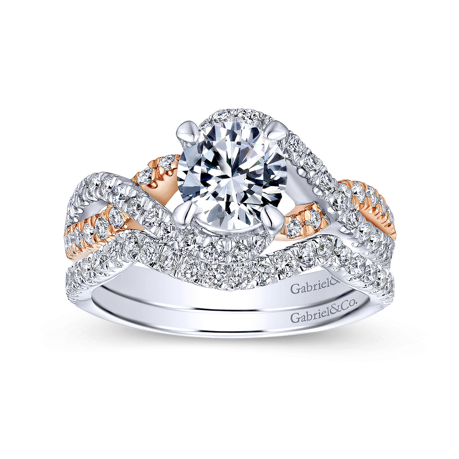 14K White-Rose Gold Round Twisted Diamond Engagement Ring