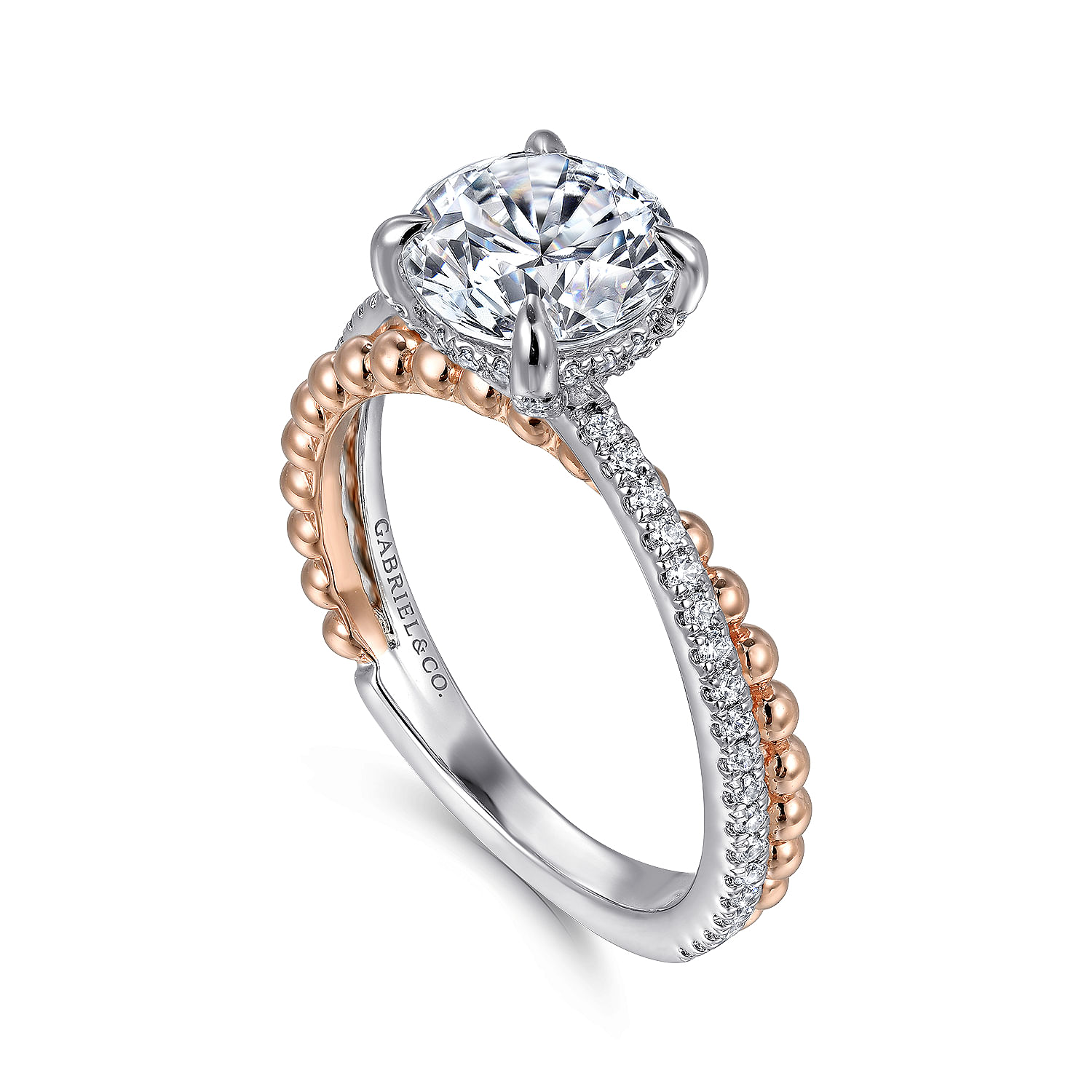 14K White-Rose Gold Split Shank Round Hidden Halo Diamond Engagement Ring