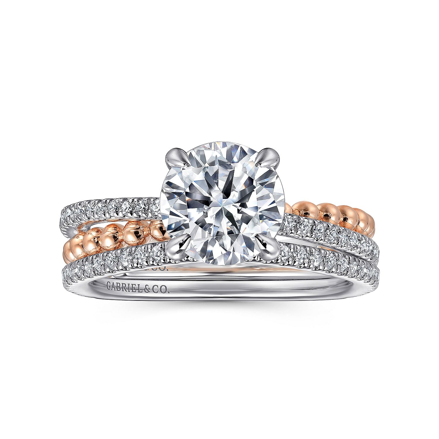14K White-Rose Gold Split Shank Round Hidden Halo Diamond Engagement Ring