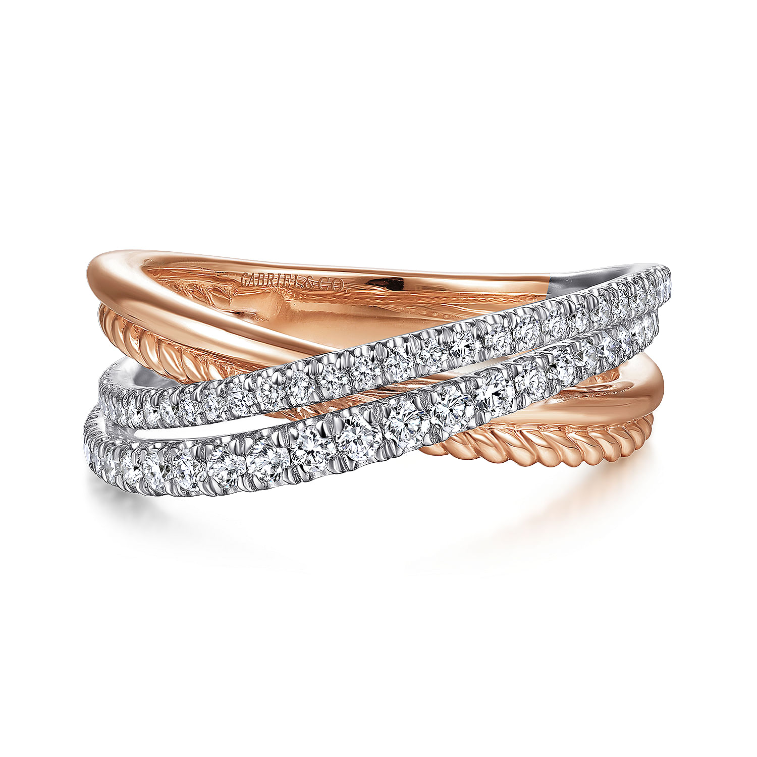 14K White-Rose Gold Twisted Rope and Diamond Criss Cross Ring