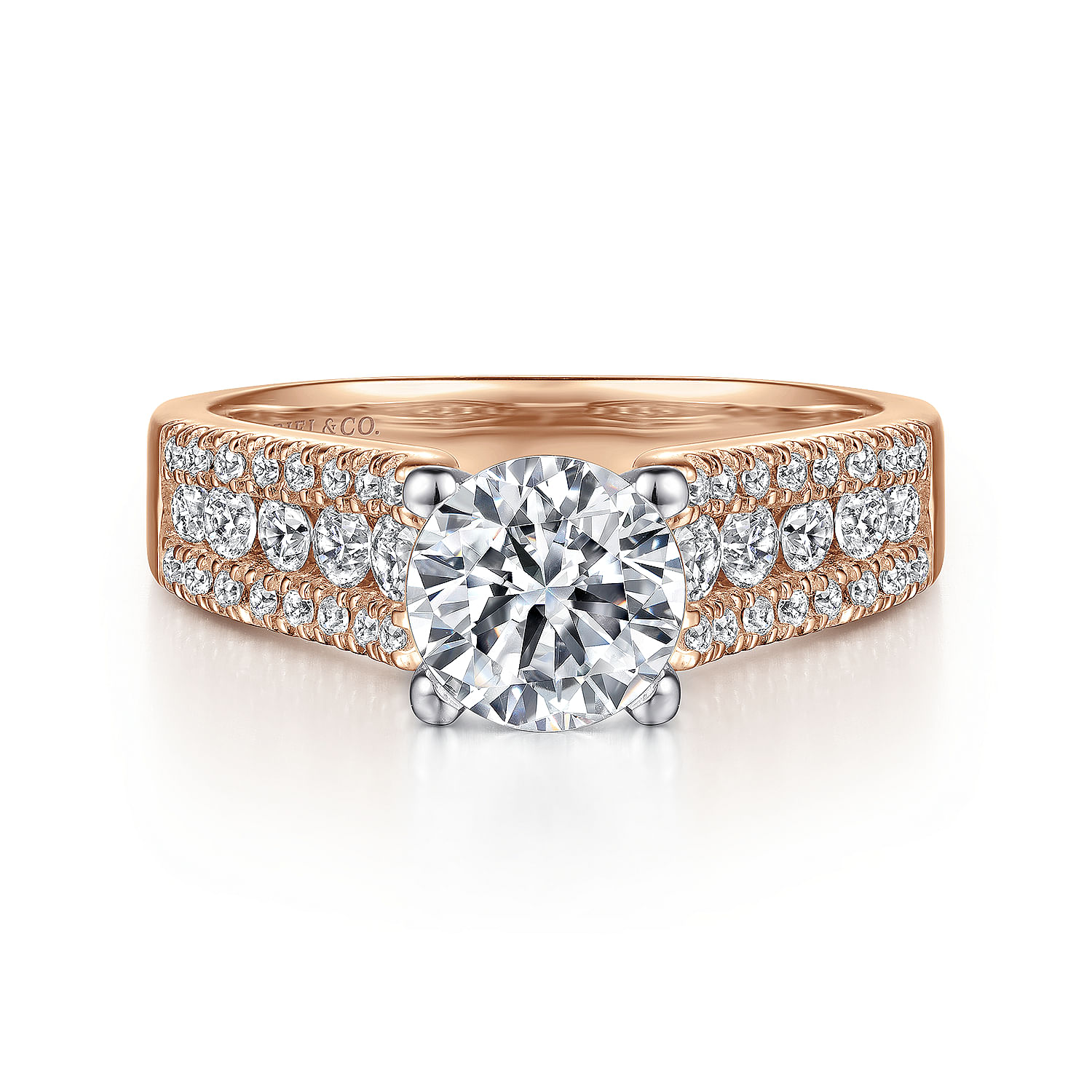 14K White-Rose Gold Wide Band Round Diamond Engagement Ring