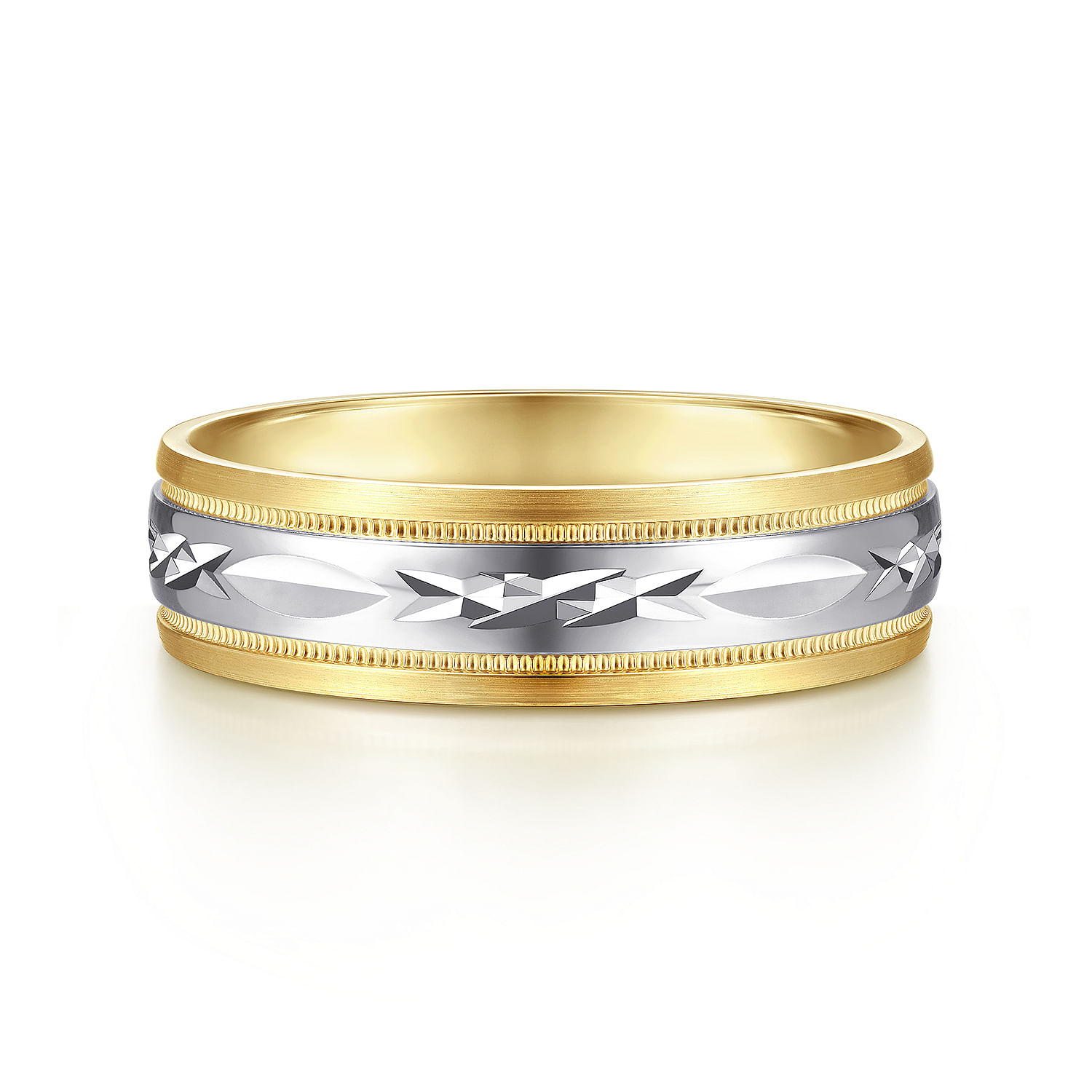 14K White-Yellow 6mm - Engraved Center and Millgrain Channel Men's Wedding Band