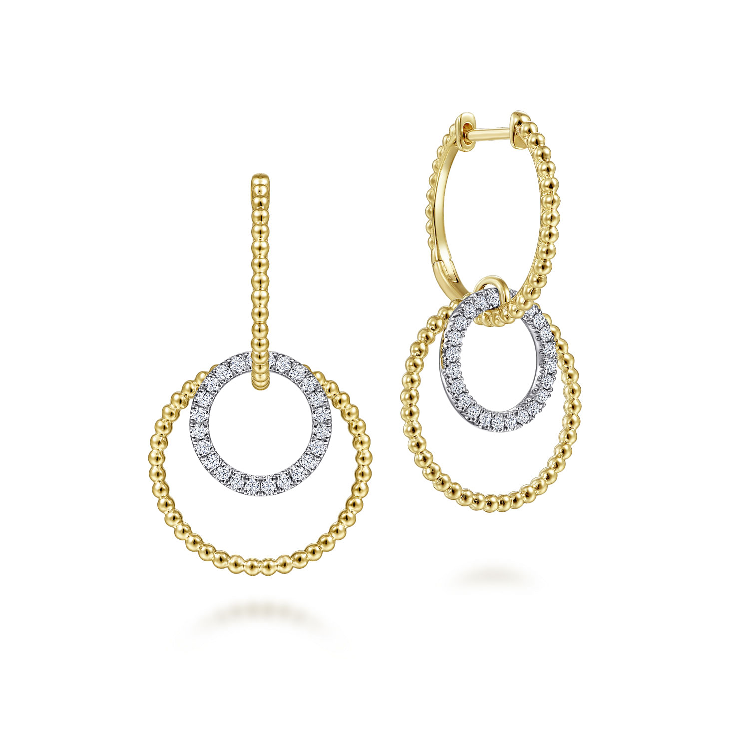 14K White-Yellow Gold Bujukan Ball and Diamond Open Circle Huggie Drop Earrings