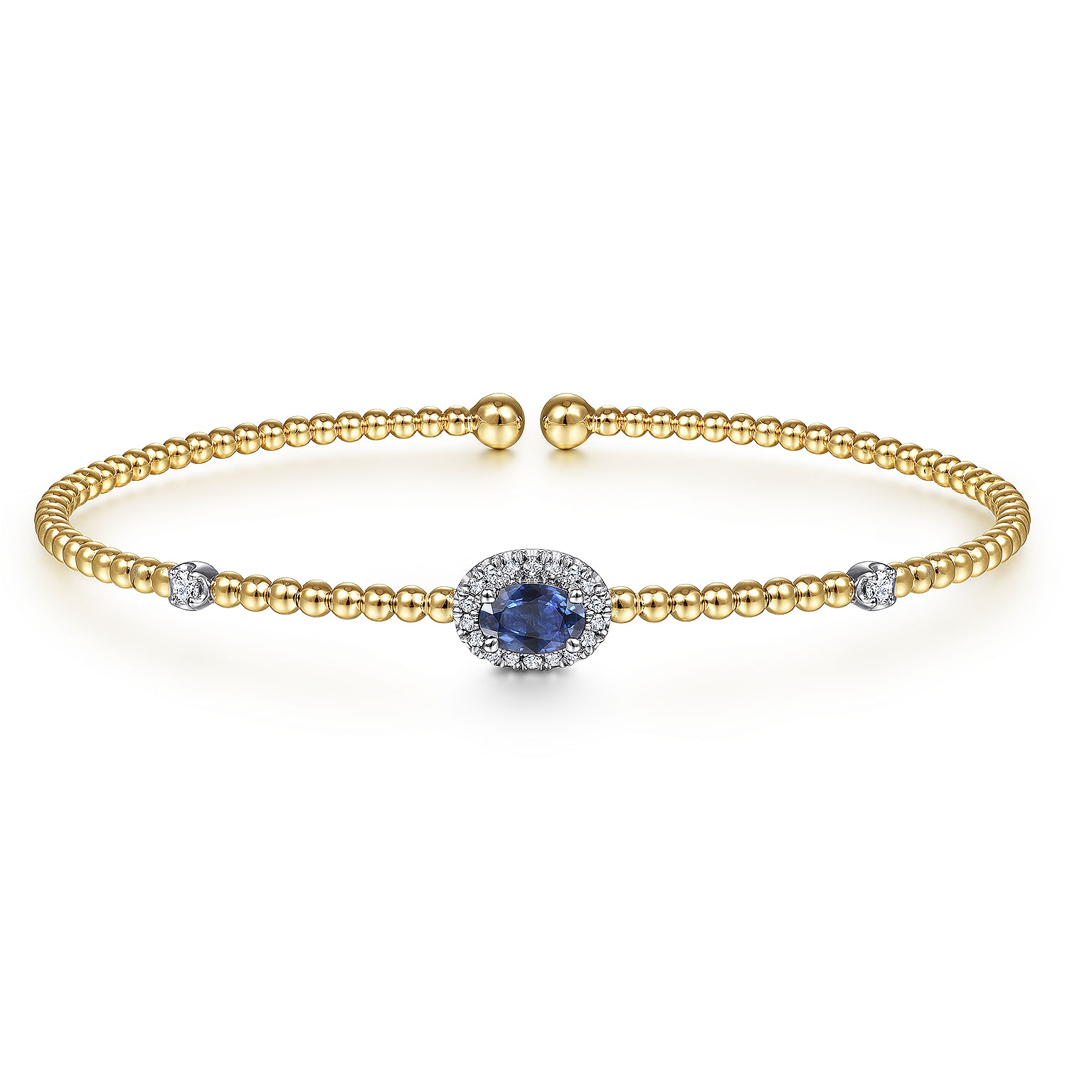 14K White-Yellow Gold Bujukan Bead Cuff Bracelet with Sapphire and Diamond Halo Station