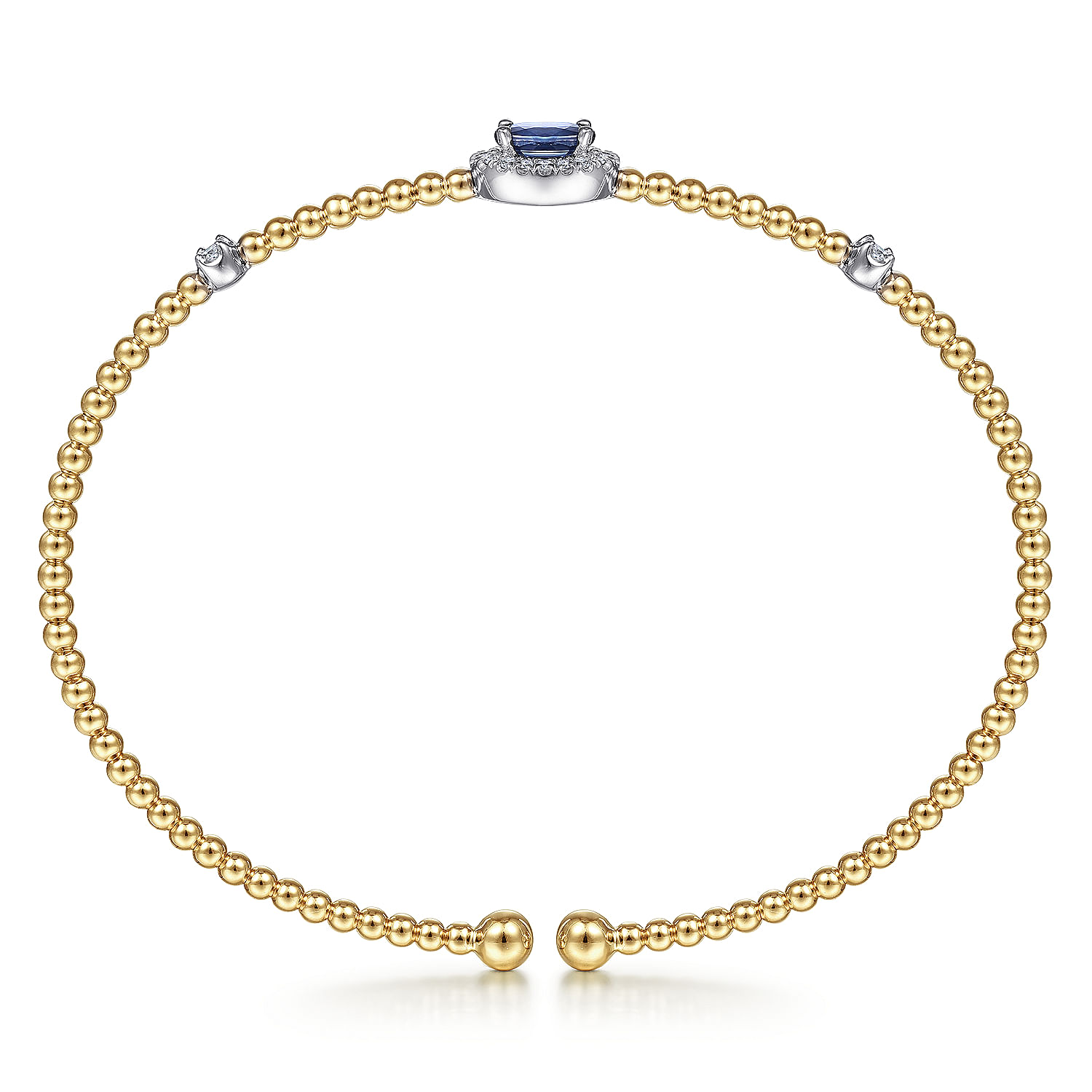 14K White-Yellow Gold Bujukan Bead Cuff Bracelet with Sapphire and Diamond Halo Station