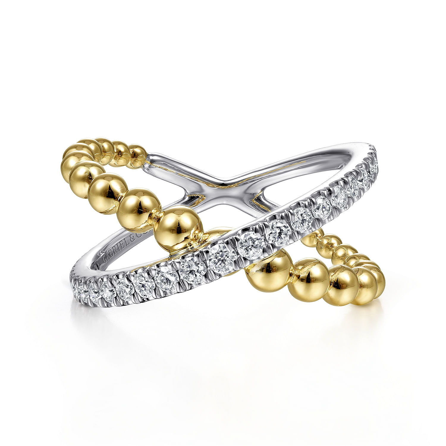 14K White-Yellow Gold Bujukan Diamond and Metal Bead Criss Cross Ring in size 10.8mm width