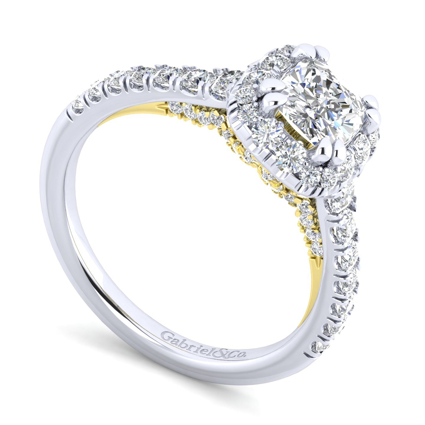 14K White-Yellow Gold Cushion Halo Diamond Engagement Ring