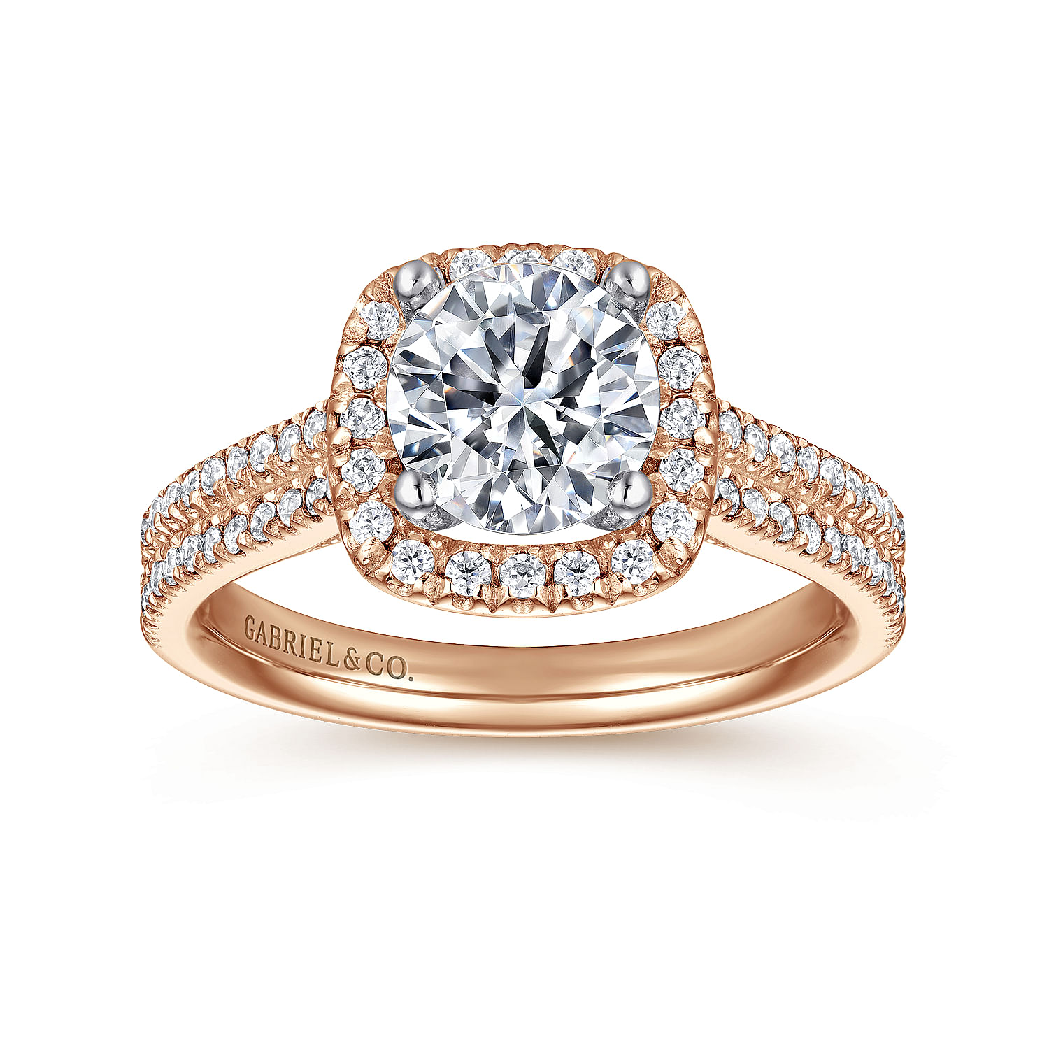 14K White-Yellow Gold Cushion Halo Round Diamond Engagement Ring