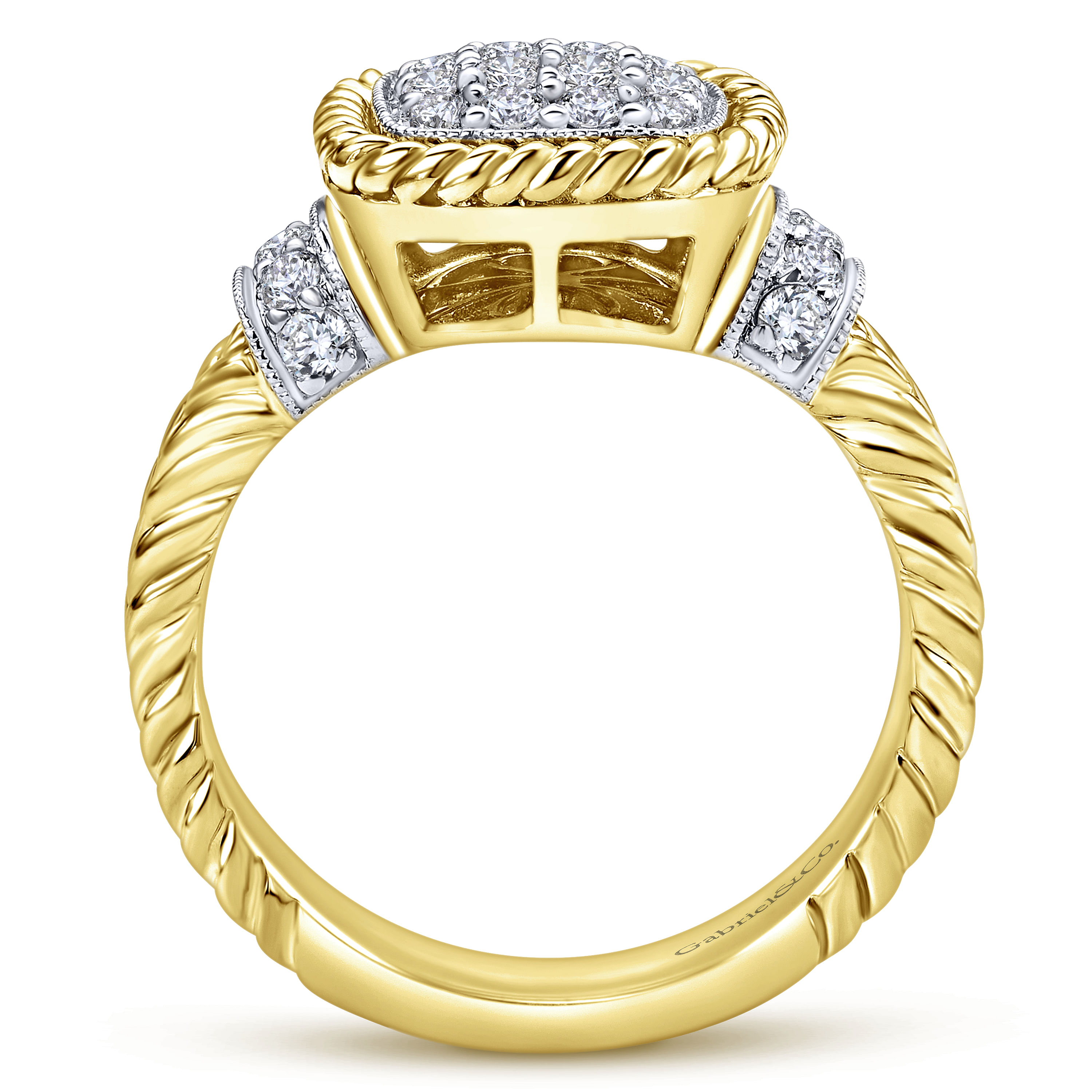 14K White-Yellow Gold Cushion Shape Pavé Cluster Diamond Ring