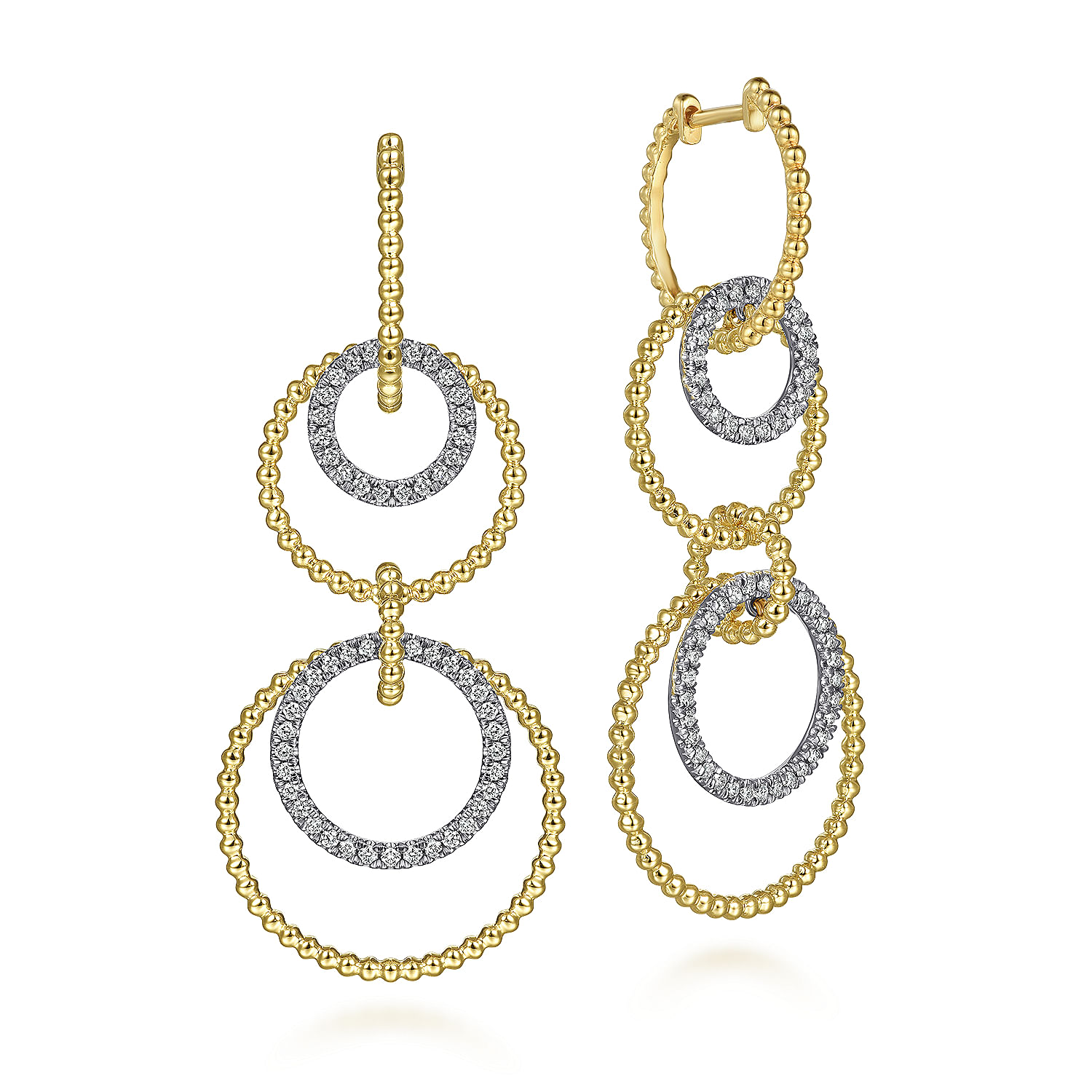 14K White-Yellow Gold Diamond Huggie Drop Earrings