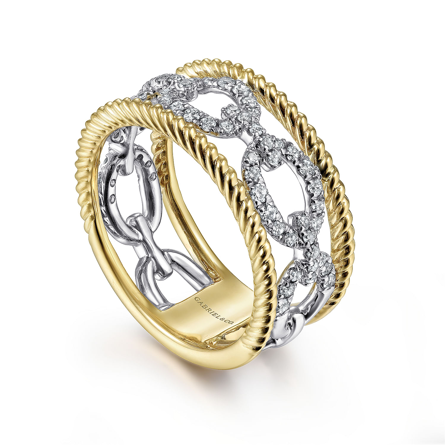 14K White-Yellow Gold Diamond Link and Twisted Rope Ring