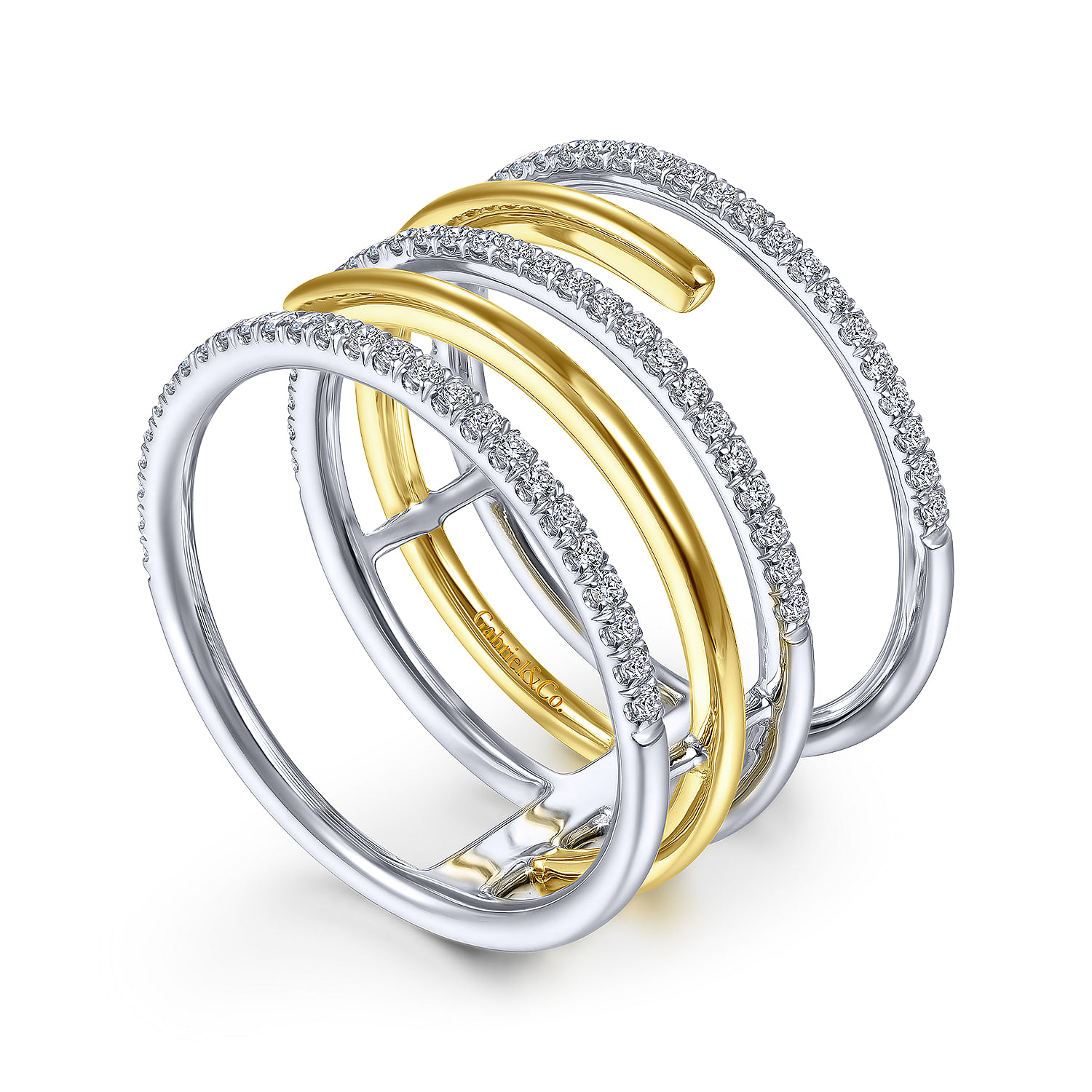 14K White-Yellow Gold Diamond and Plain Band Wrap Ring