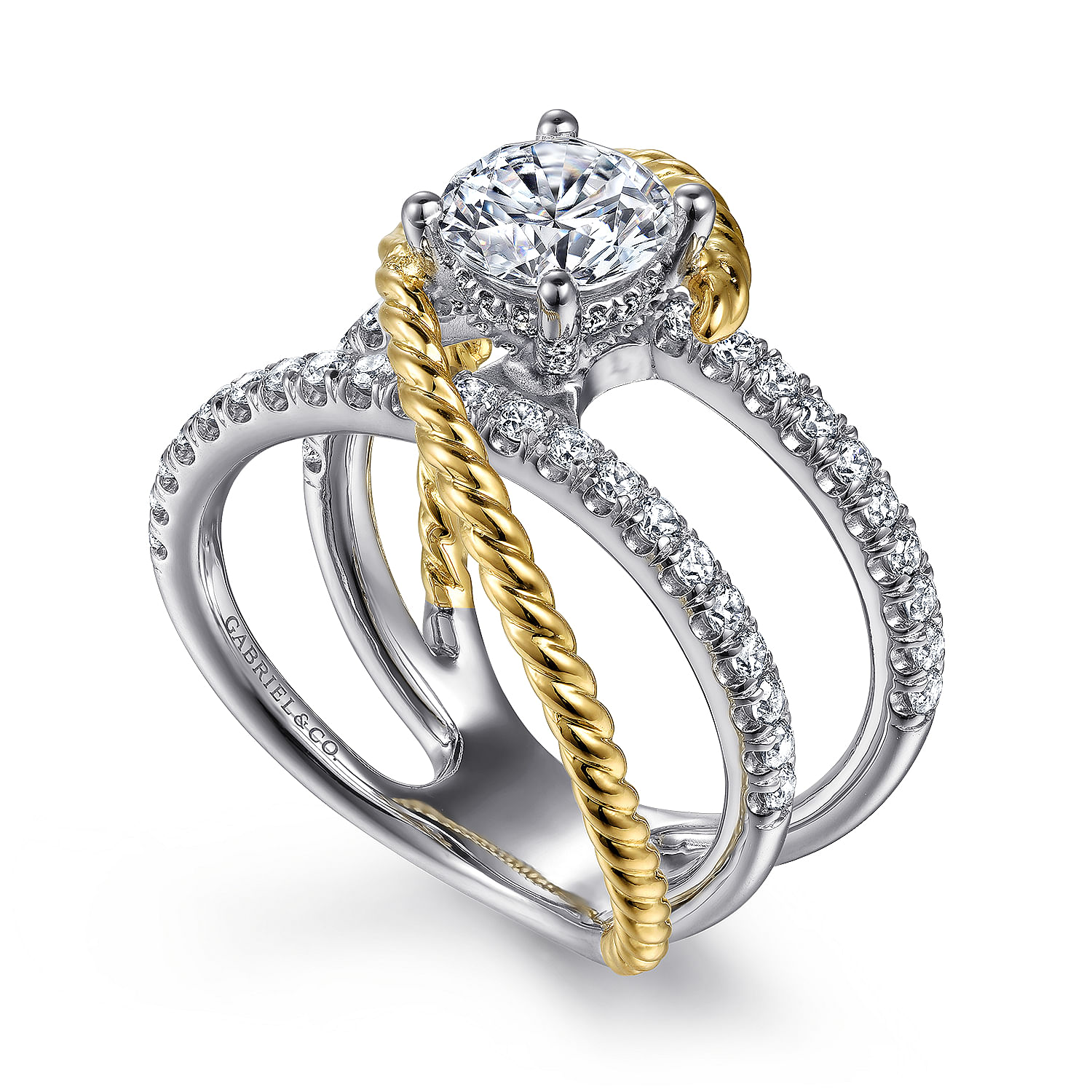 14K White-Yellow Gold Free Form Round Diamond Engagement Ring