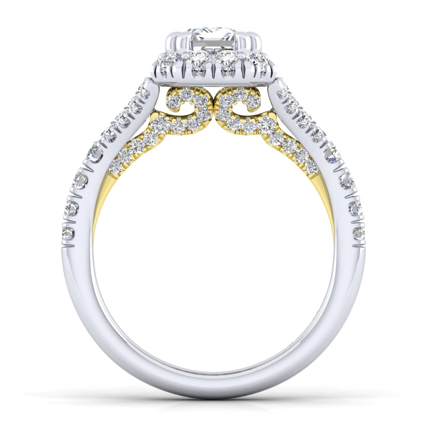 14K White-Yellow Gold Halo Emerald Cut Diamond Engagement Ring