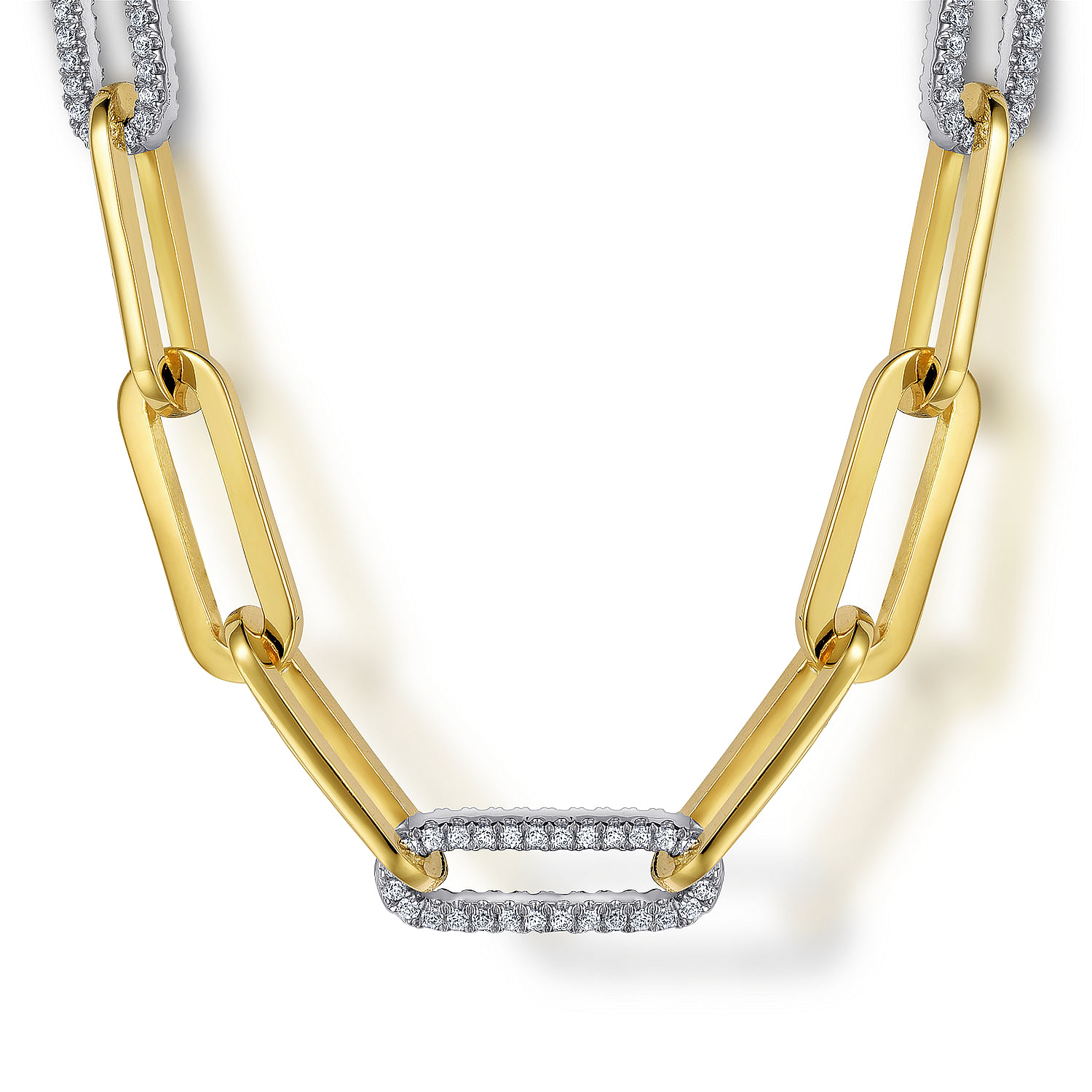 14K White-Yellow Gold Hollow Paperclip Chain Necklace with Diamond Link Stations