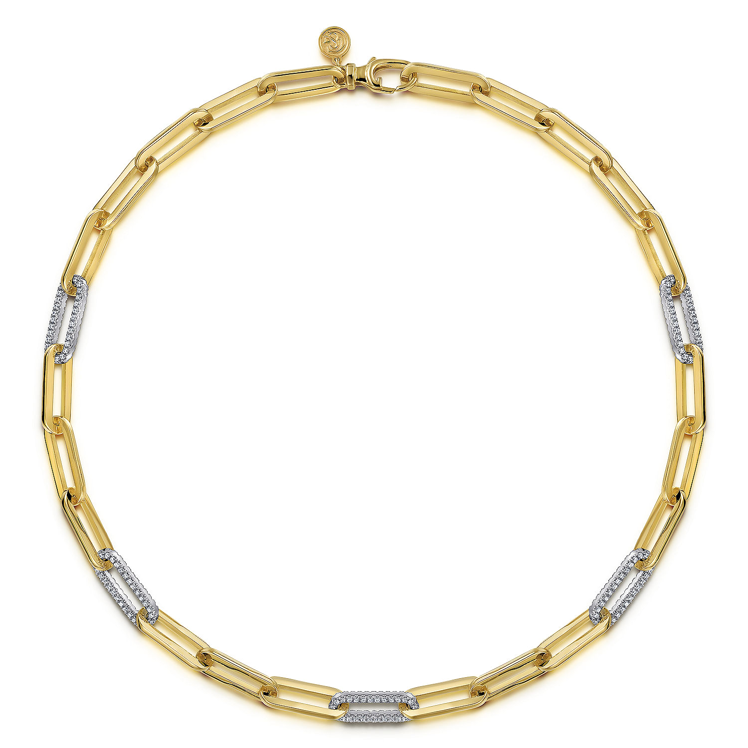 14K White-Yellow Gold Hollow Paperclip Chain Necklace with Diamond Link Stations