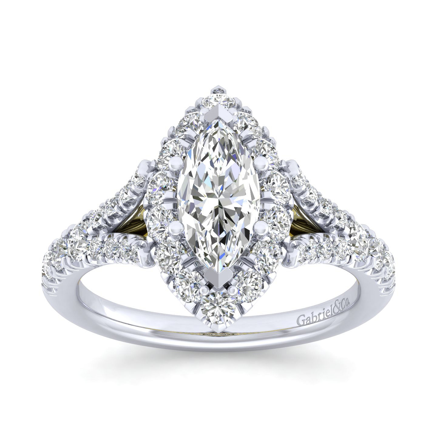 14K White-Yellow Gold Marquise Halo Diamond Engagement Ring