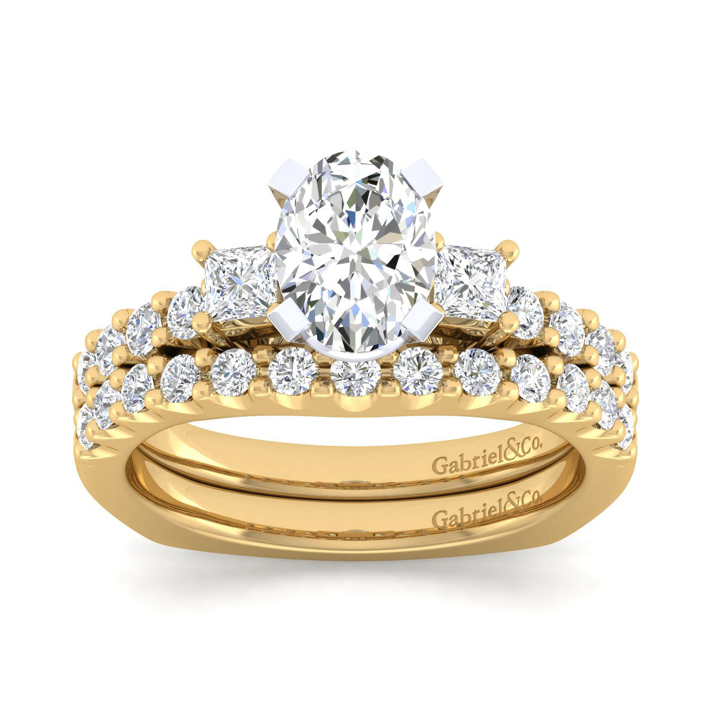 14K White-Yellow Gold Oval Three Stone Diamond Engagement Ring