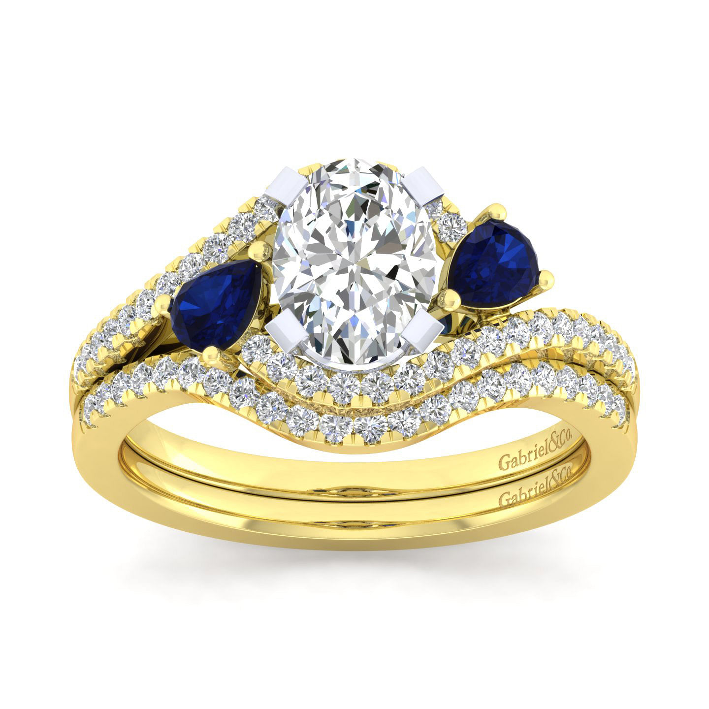 14K White-Yellow Gold Oval Three Stone Sapphire and Diamond Engagement Ring