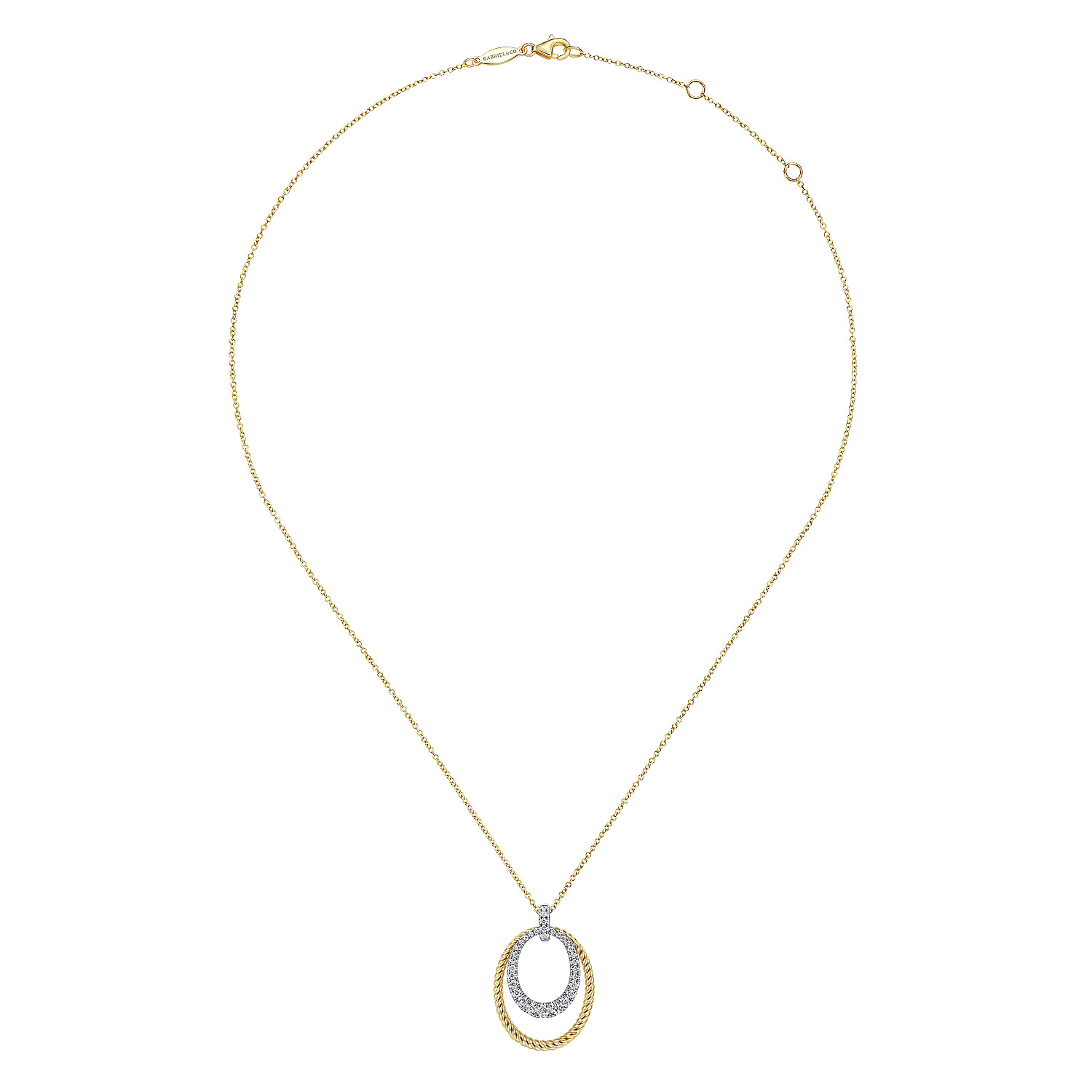 14K White-Yellow Gold Oval Twisted Rope and Pavé Diamond Pendant Necklace