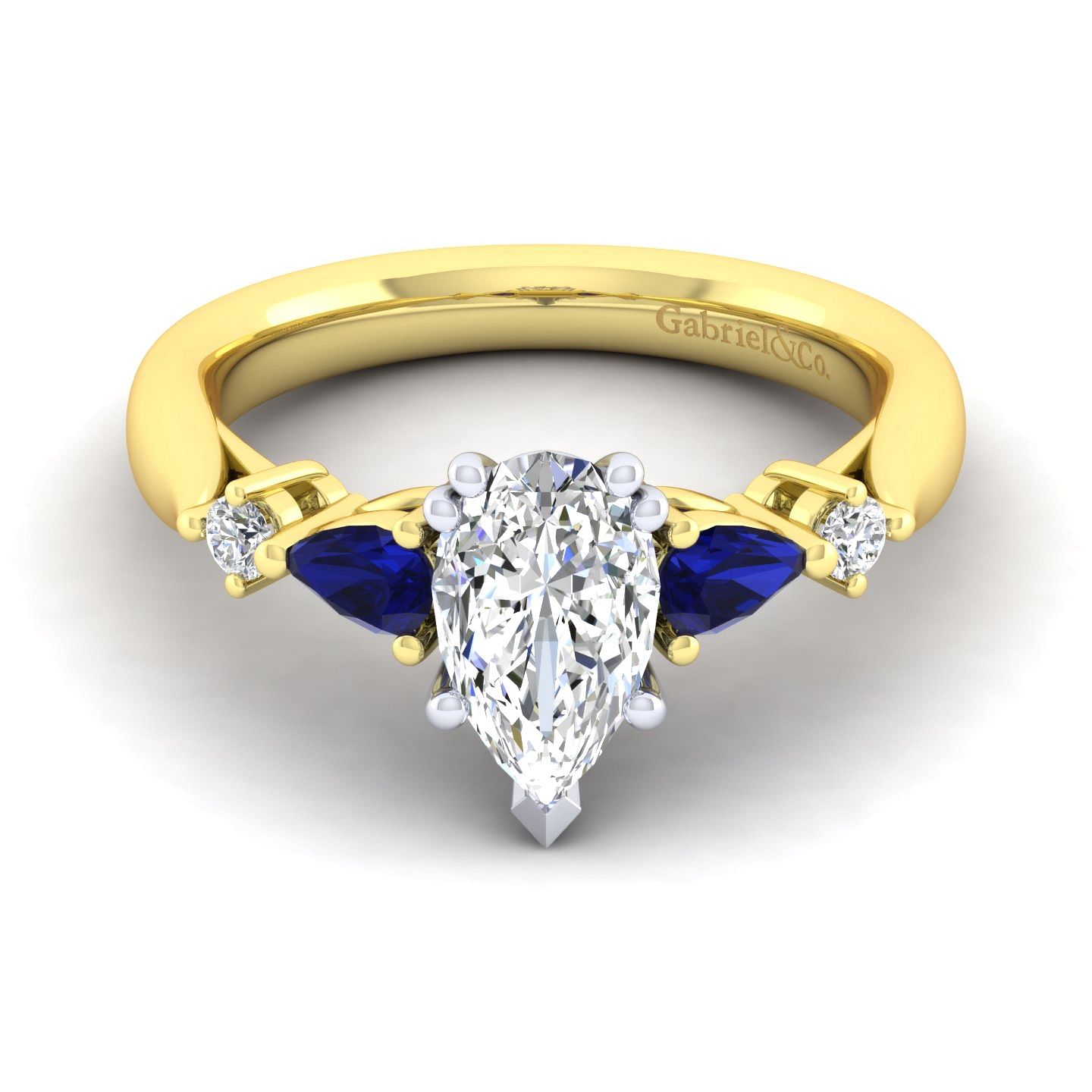 14K White-Yellow Gold Pear Shape Five Stone Sapphire and Diamond Engagement Ring
