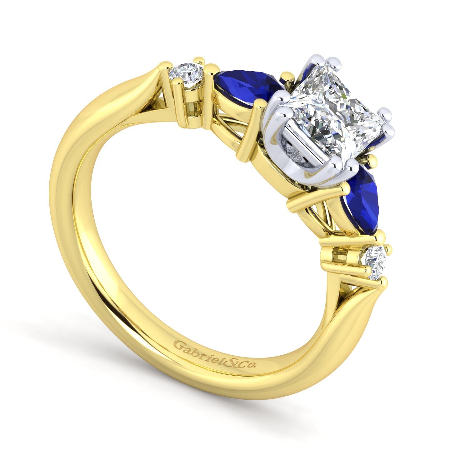 14K White-Yellow Gold Princess Cut Five Stone Sapphire and Diamond Engagement Ring