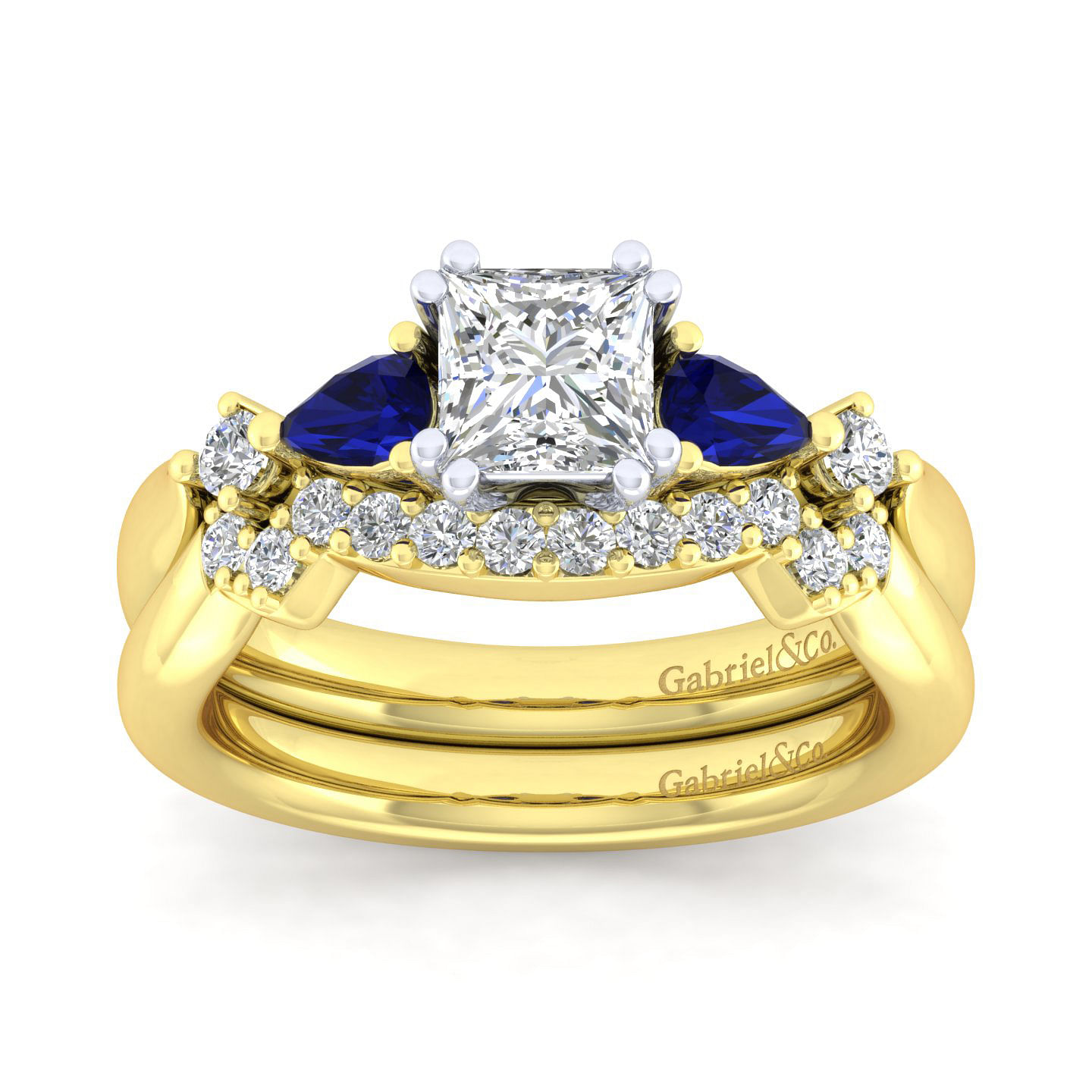 14K White-Yellow Gold Princess Cut Five Stone Sapphire and Diamond Engagement Ring
