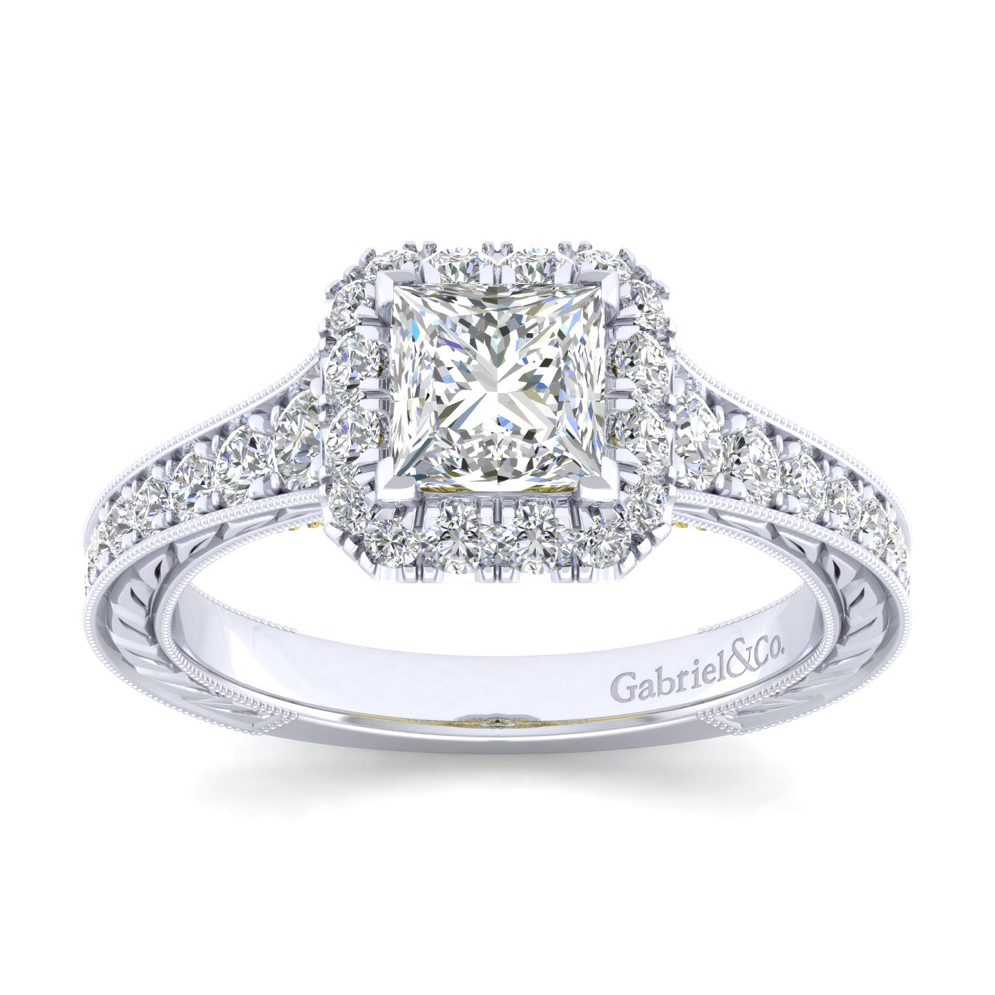 14K White-Yellow Gold Princess Halo Diamond Engagement Ring