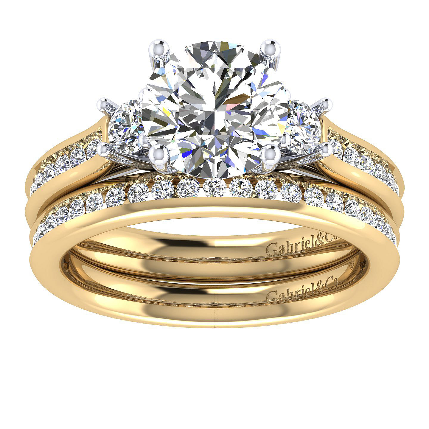 14K White-Yellow Gold Round Diamond Three Stone Engagement Ring