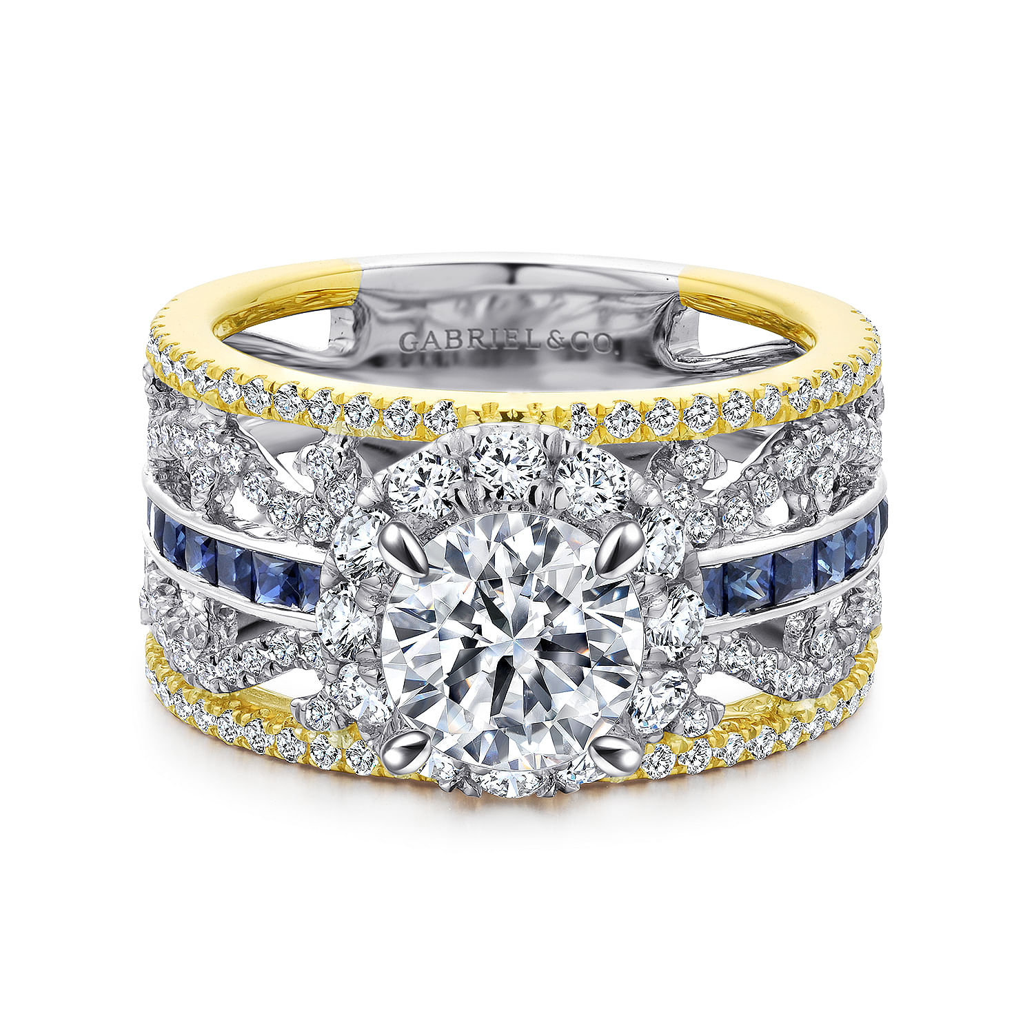 14K White-Yellow Gold Round Halo Sapphire and Diamond Channel Set Engagement Ring