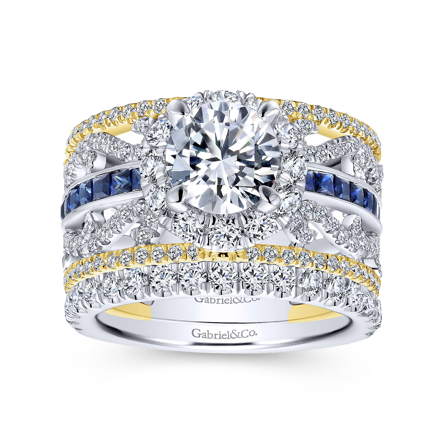 14K White-Yellow Gold Round Halo Sapphire and Diamond Channel Set Engagement Ring