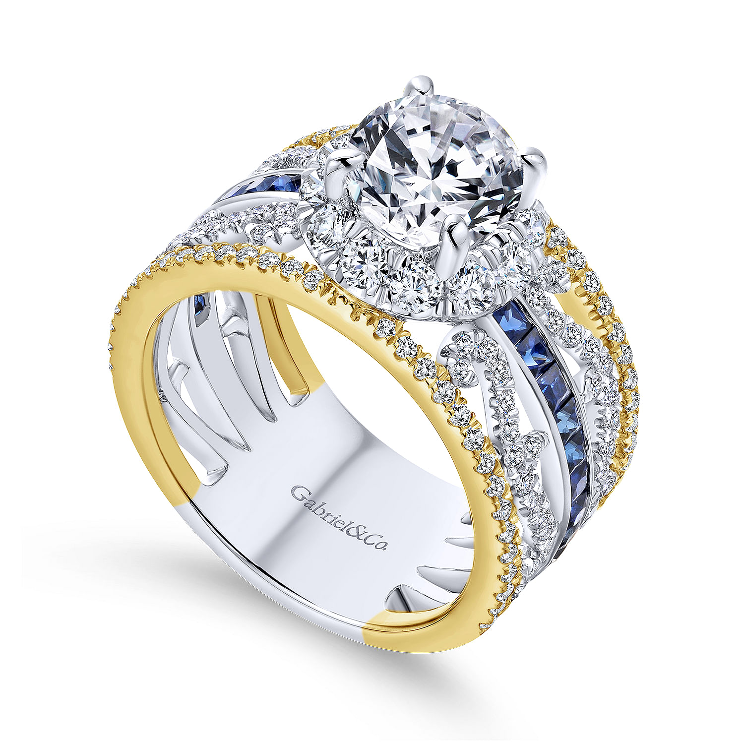 14K White-Yellow Gold Round Halo Sapphire and Diamond Engagement Ring