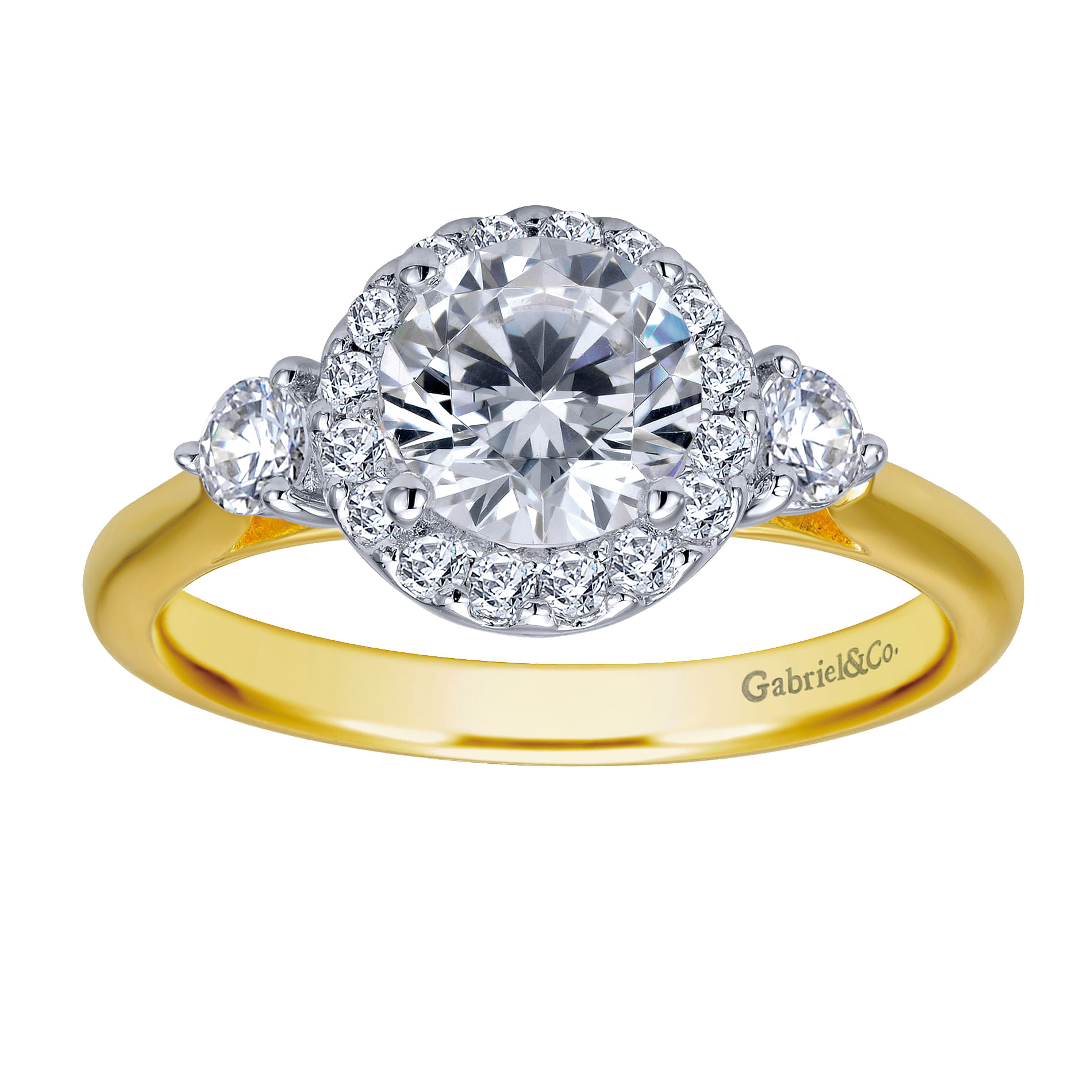 14K White-Yellow Gold Round Three Stone Halo Diamond Engagement Ring