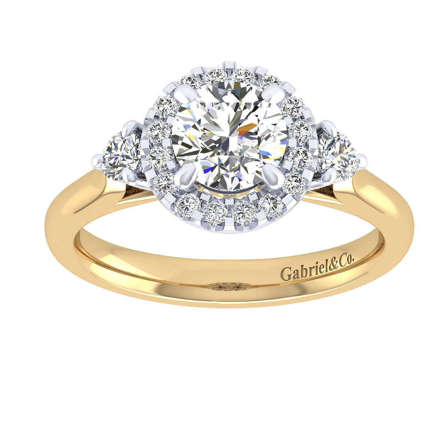 14K White-Yellow Gold Round Three Stone Halo Diamond Engagement Ring