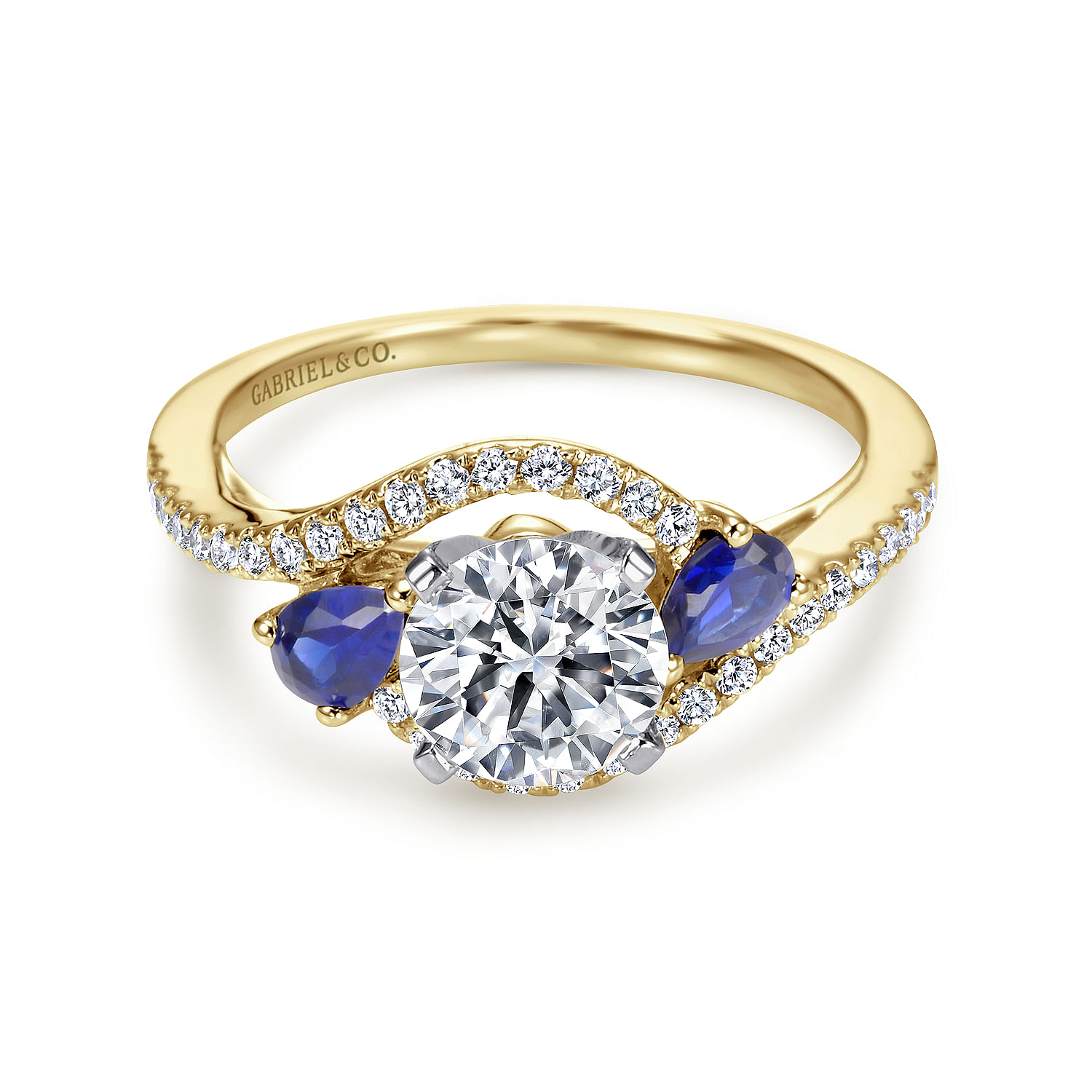 14K White-Yellow Gold Round Three Stone Sapphire and Diamond Engagement Ring