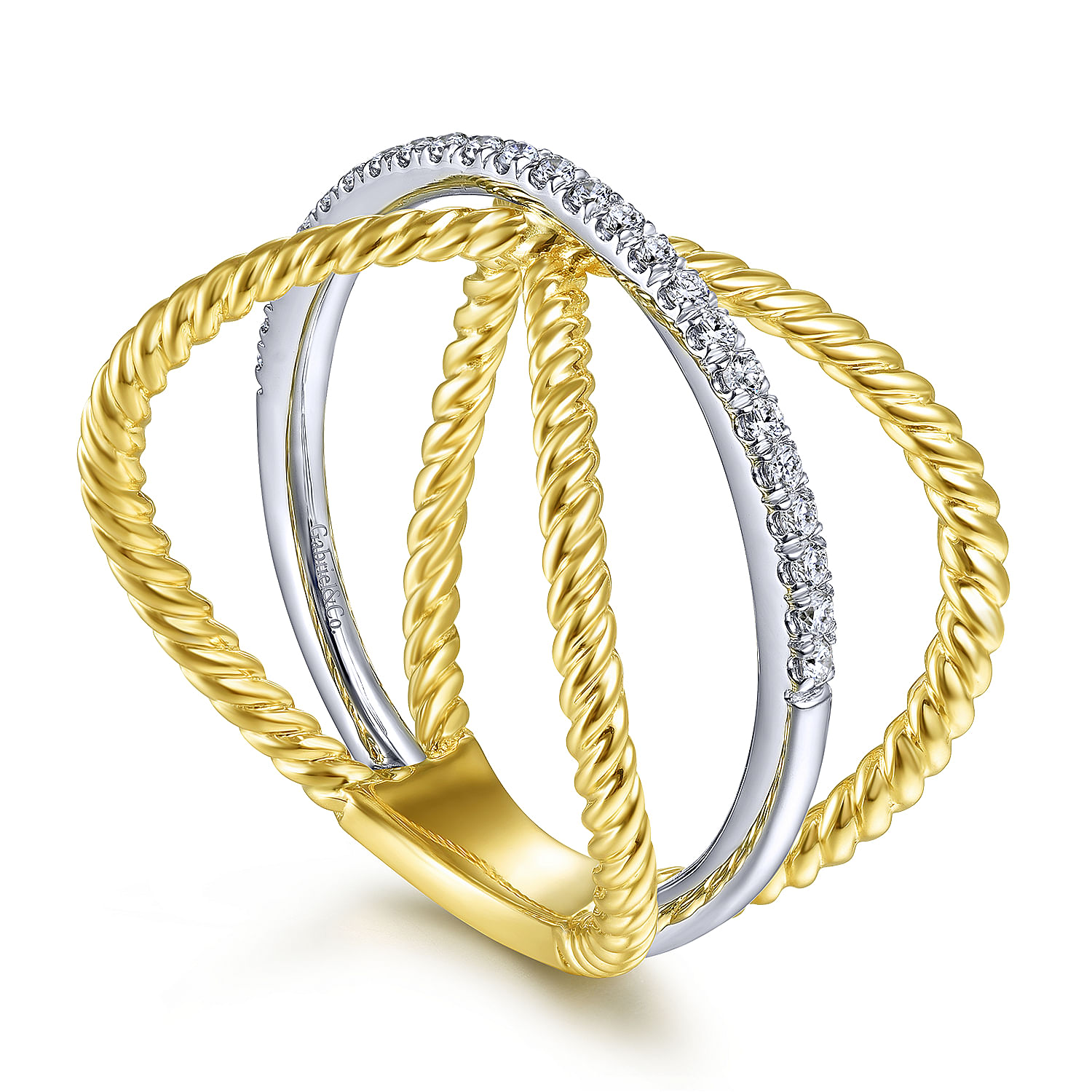 14K White-Yellow Gold Twisted Criss Cross X Shaped Diamond Ring