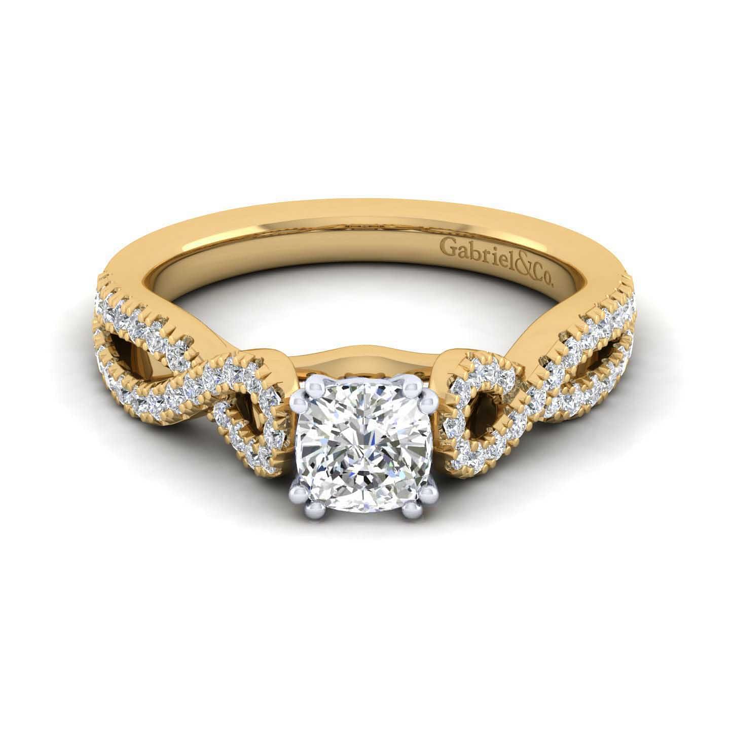 14K White-Yellow Gold Twisted Cushion Cut Diamond Engagement Ring