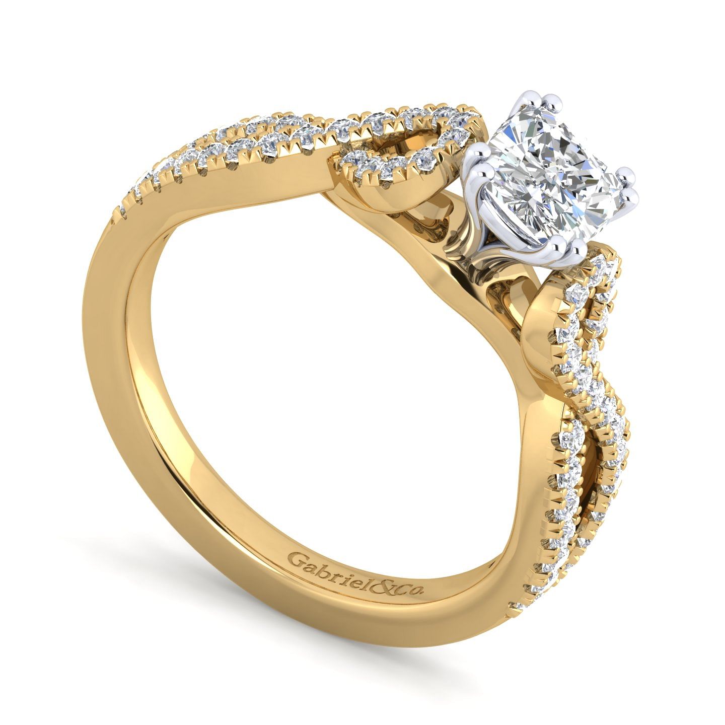 14K White-Yellow Gold Twisted Cushion Cut Diamond Engagement Ring