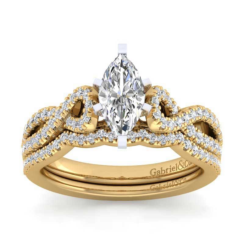 14K White-Yellow Gold Twisted Marquise Shape Diamond Engagement Ring