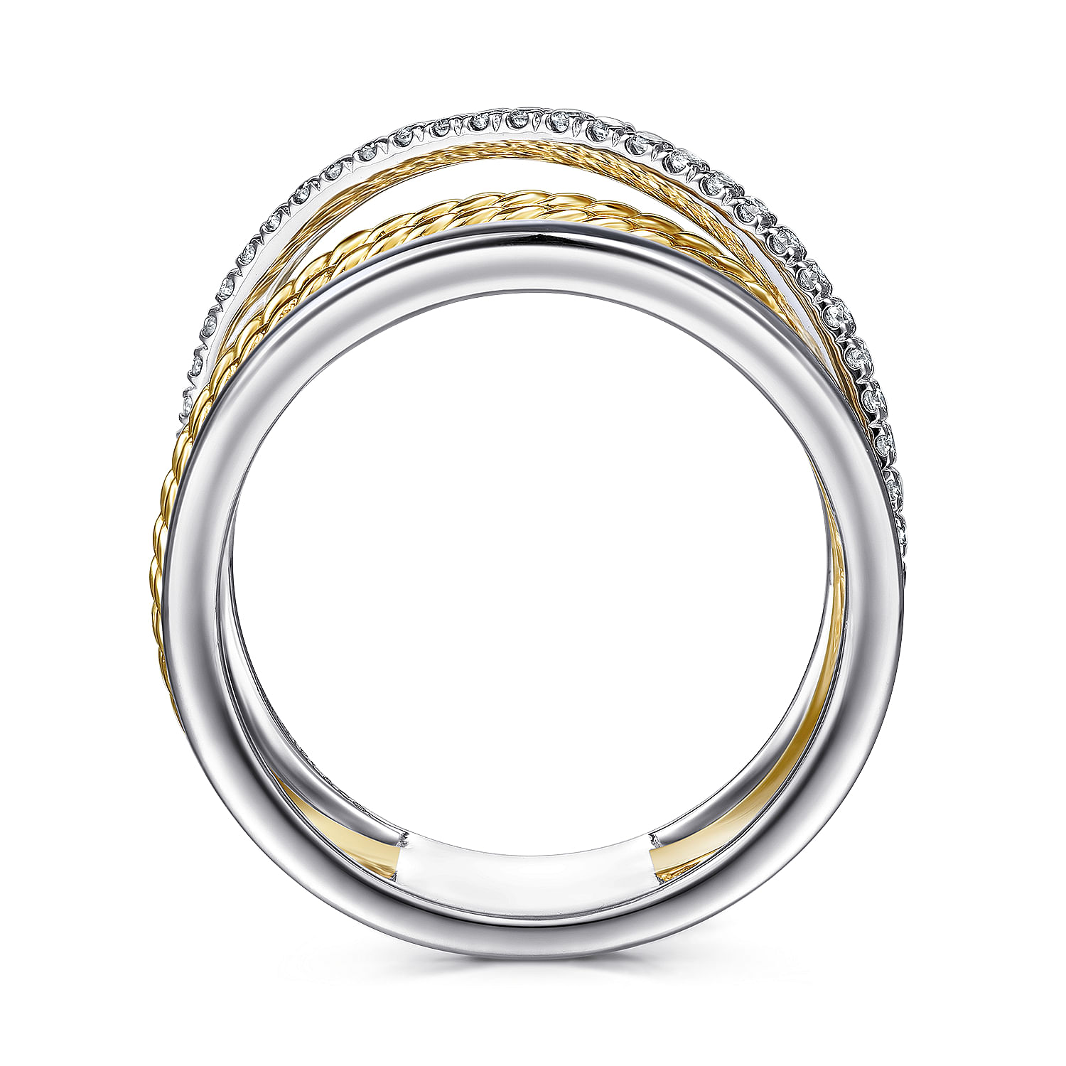 14K White-Yellow Gold Twisted Rope Wide Band with Wrapping Diamond Row 