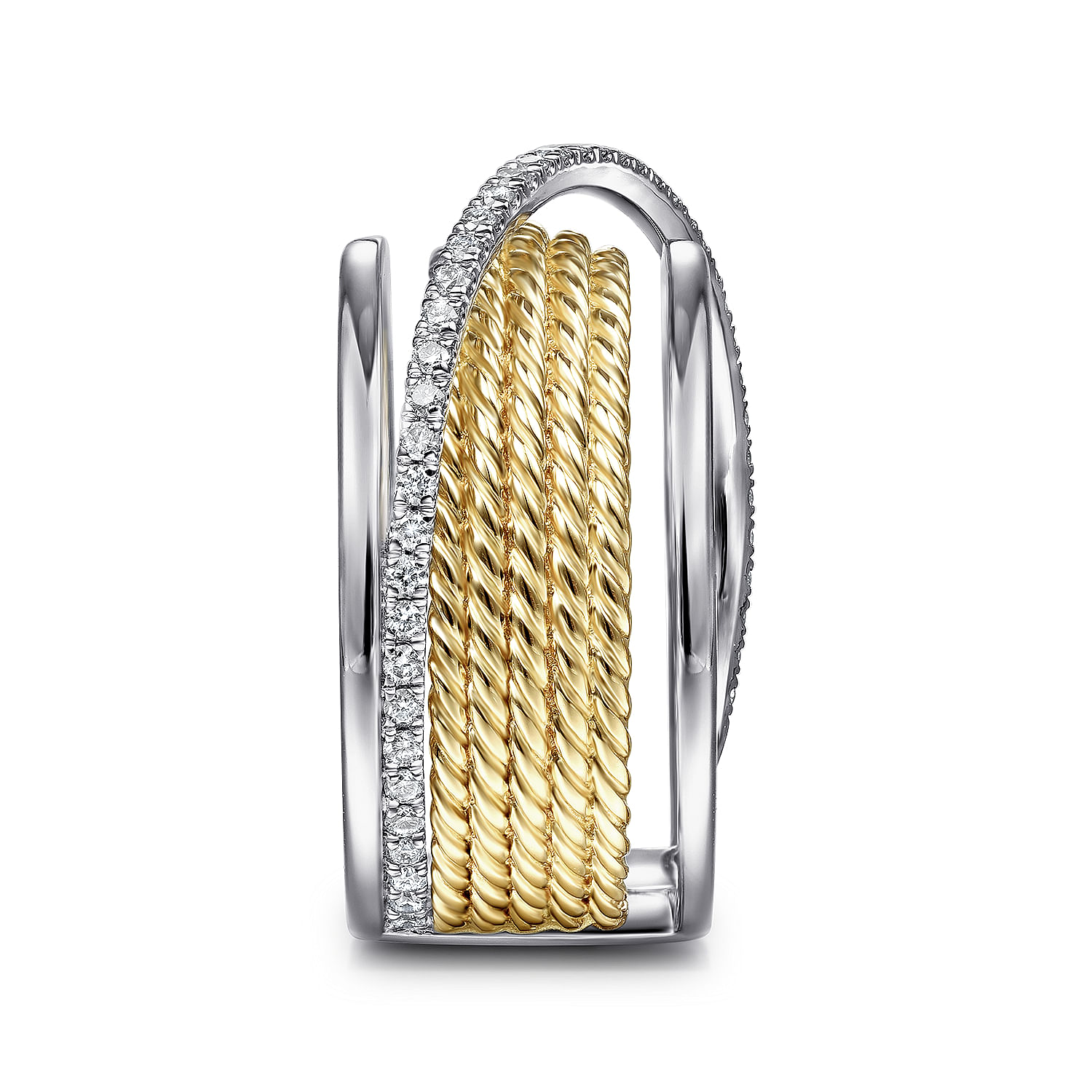 14K White-Yellow Gold Twisted Rope Wide Band with Wrapping Diamond Row 