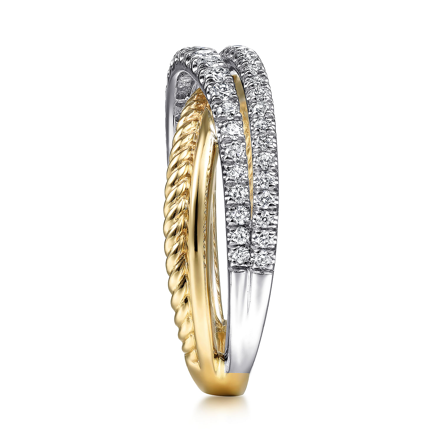 14K White-Yellow Gold Twisted Rope and Diamond Criss Cross Ring