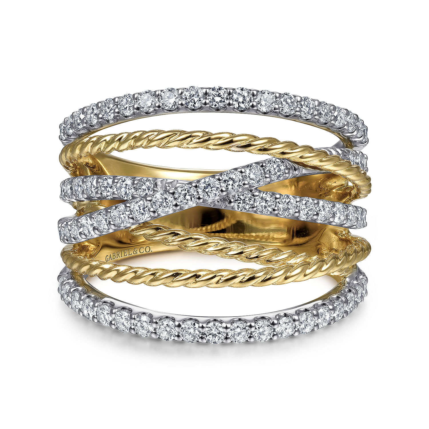 14K White-Yellow Gold Twisted Rope and Diamond Multi Row Ring