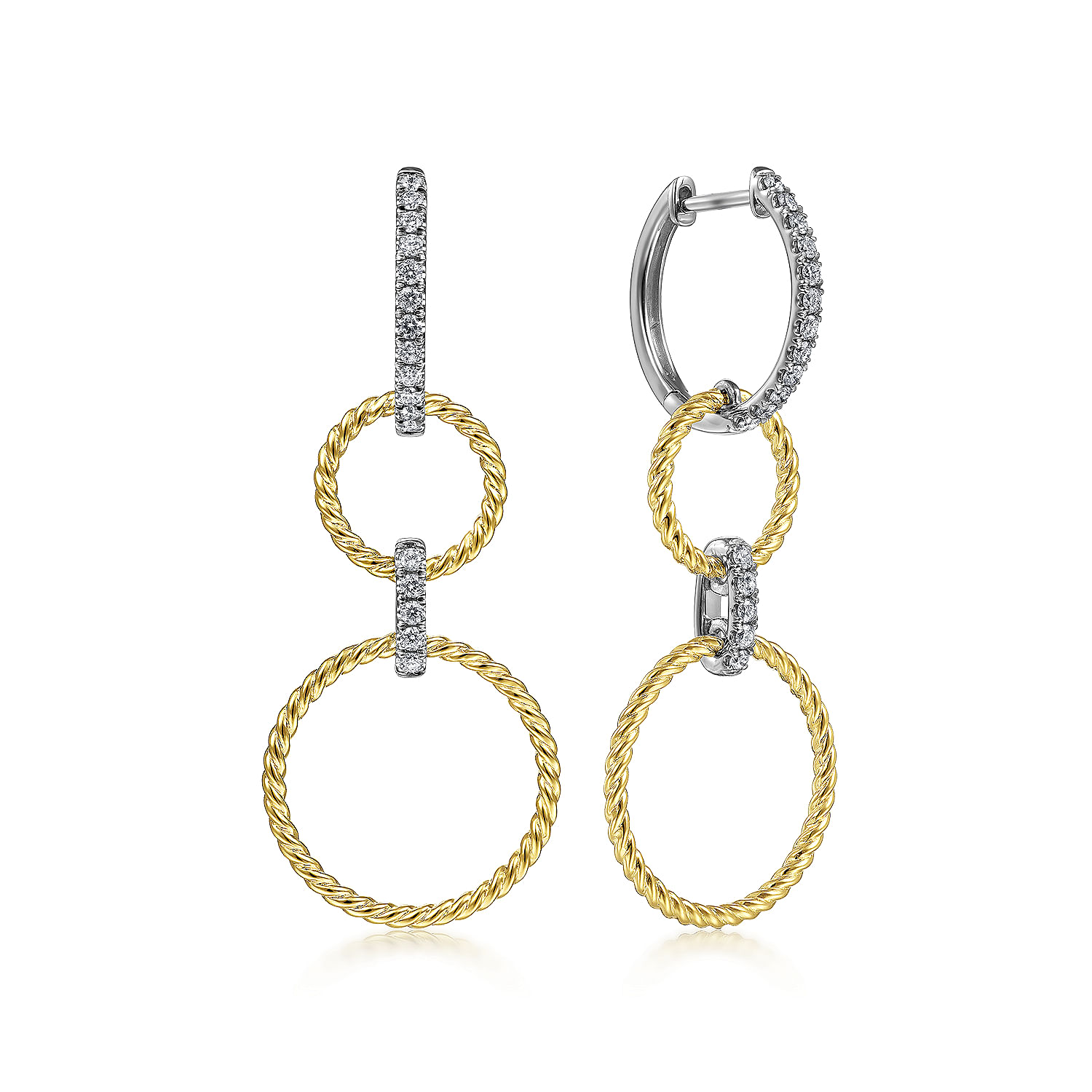 14K White-Yellow Gold Twisted Rope and Diamond Open Circle Huggie Drop Earrings