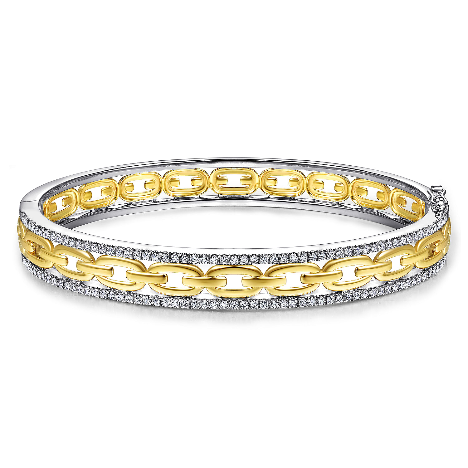 14K White and Yellow Gold Chain Link Bangle with Diamond Frame