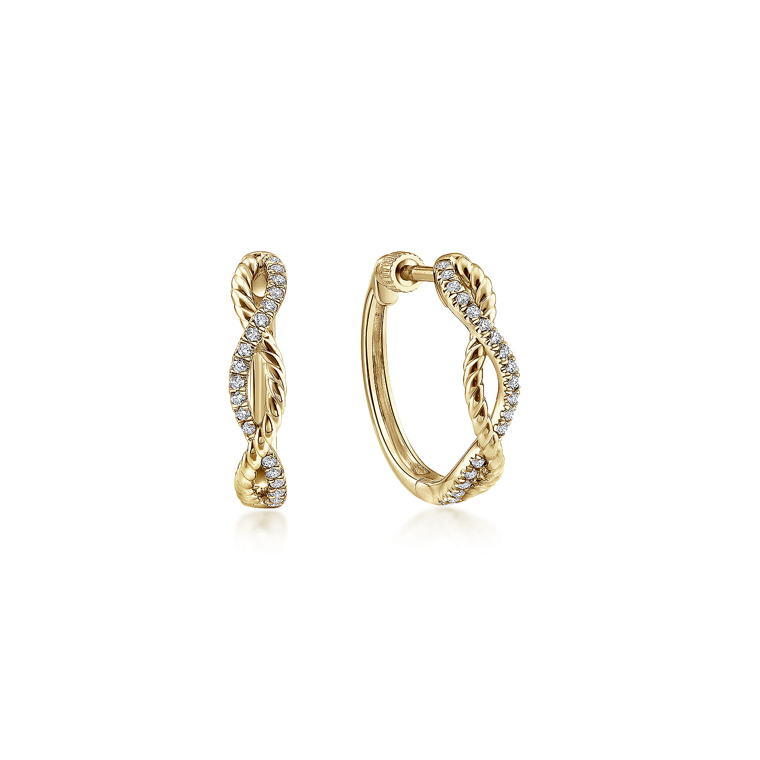 14K Yellow Gold 15mm Twisted Rope and Diamond Huggies